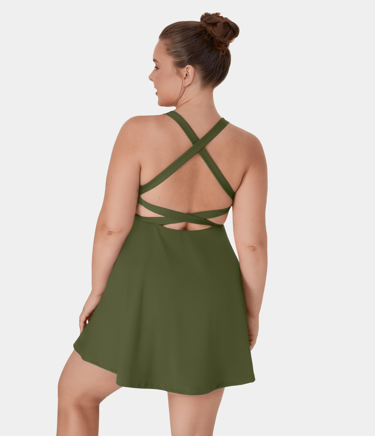 Halara Crisscross Backless Plain 2-Piece Plus Size Barre Ballet Dance Flared Dress-Venus  - Sphagnum - 4X 