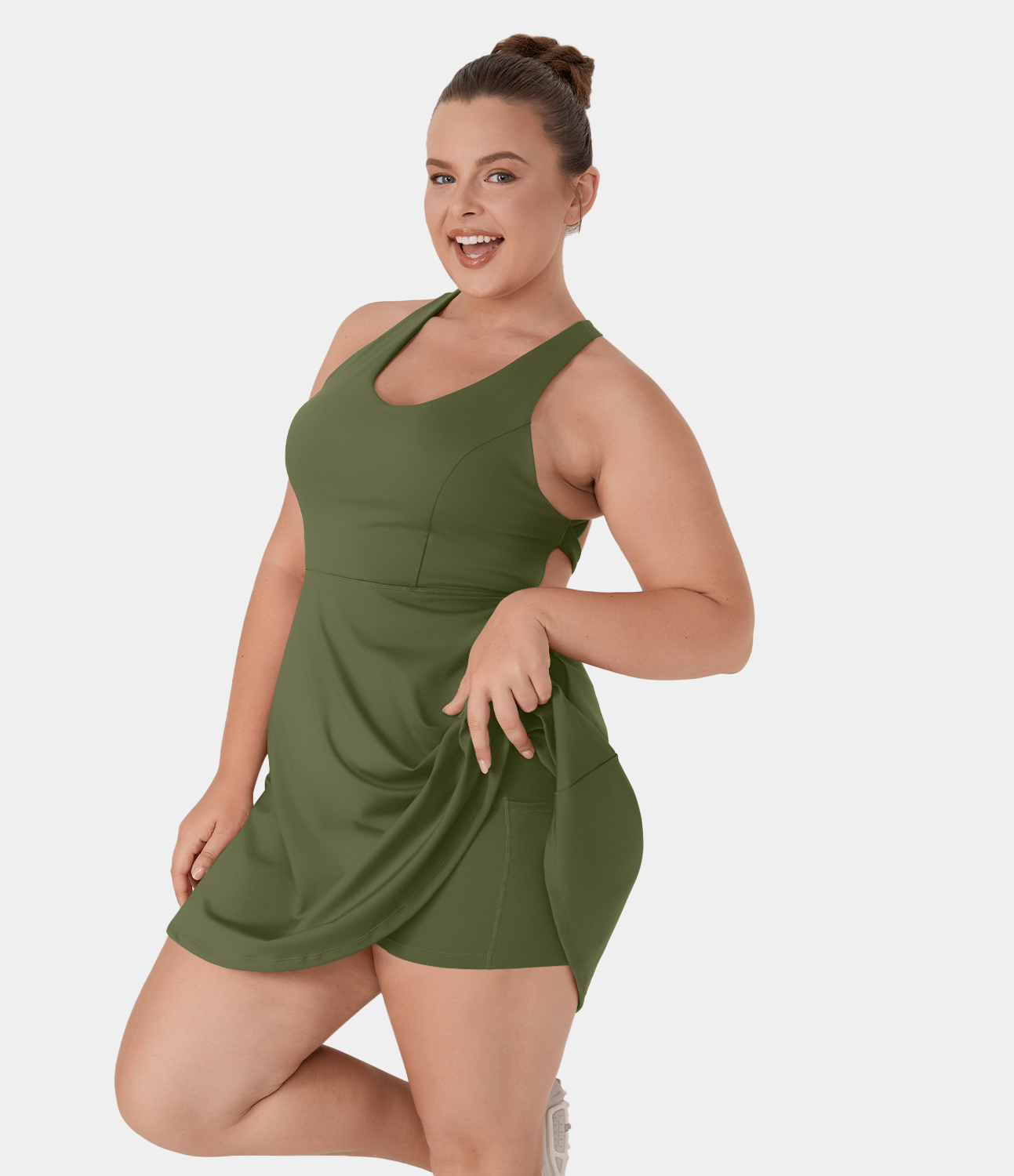 Halara Crisscross Backless Plain 2-Piece Plus Size Barre Ballet Dance Flared Dress-Venus  - Sphagnum - 4X 