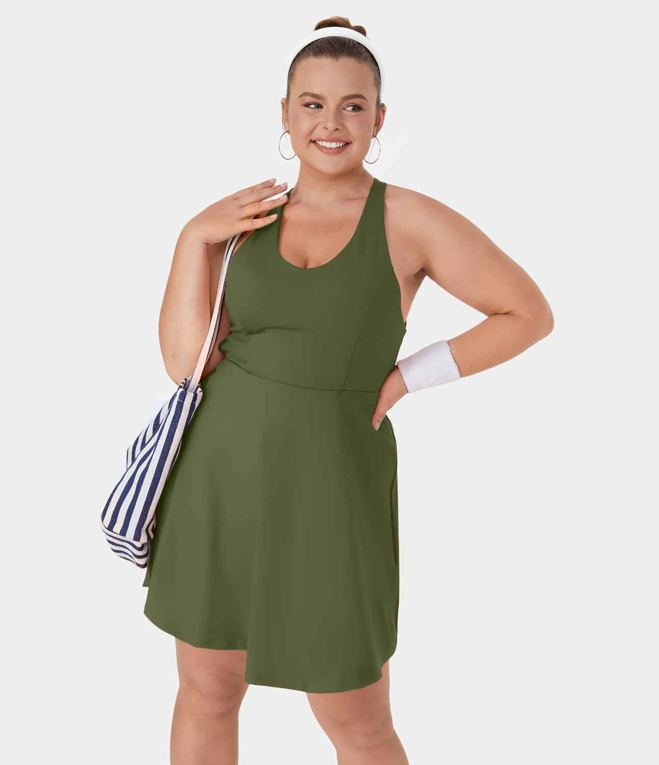 Halara Crisscross Backless Plain 2-Piece Plus Size Barre Ballet Dance Flared Dress-Venus  - Sphagnum - 4X 