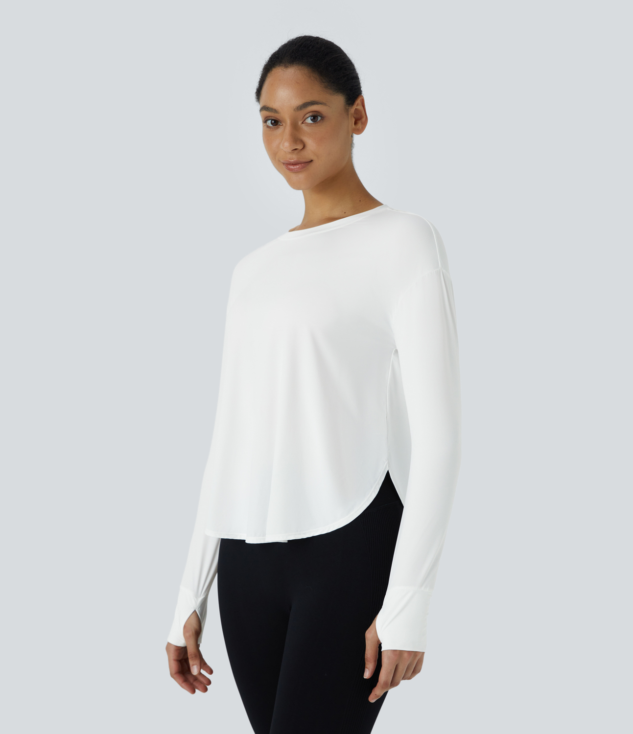 Halara Round Neck Thumb Hole Plicated Curved Hem Yoga Sports Top  - Jasmine White - M 