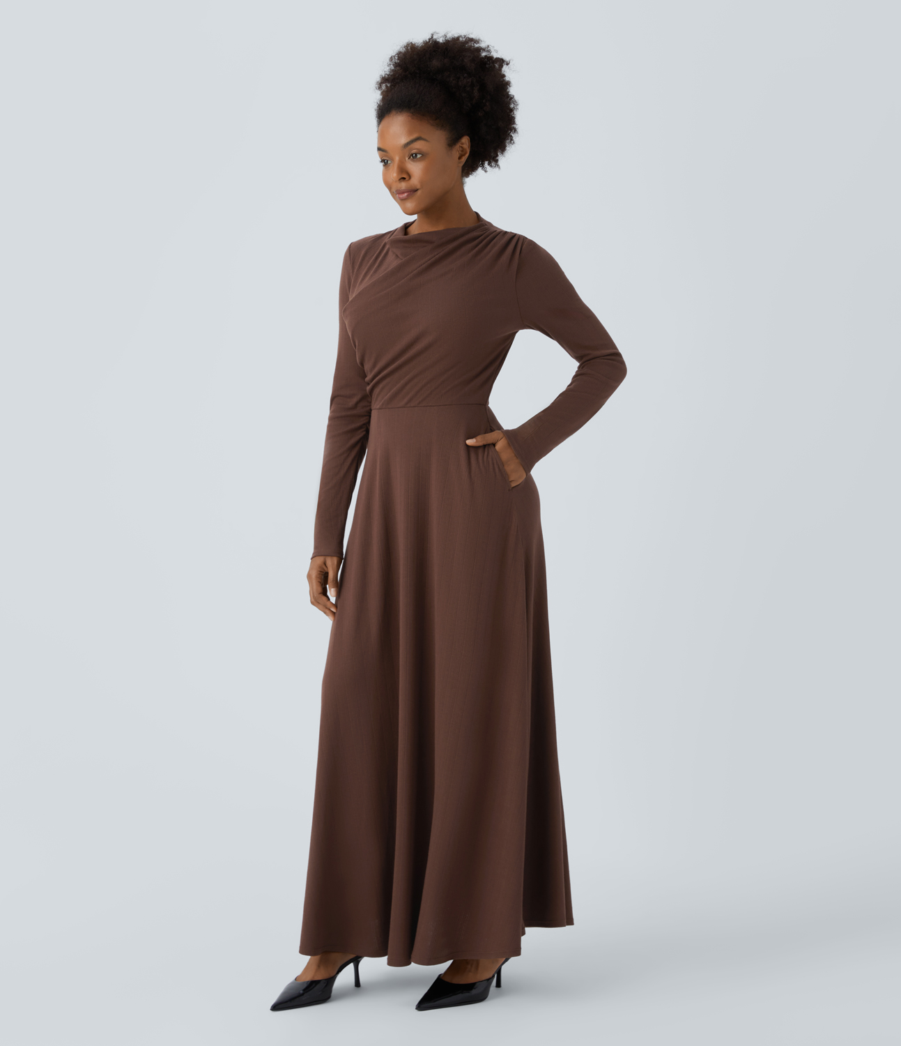 Halara Ribbed Knit Cowl Neck Long Sleeve Ruched Side Pocket Maxi Casual Dress Casual Dress - Chocolate Fondant - M slip dress beach dress 