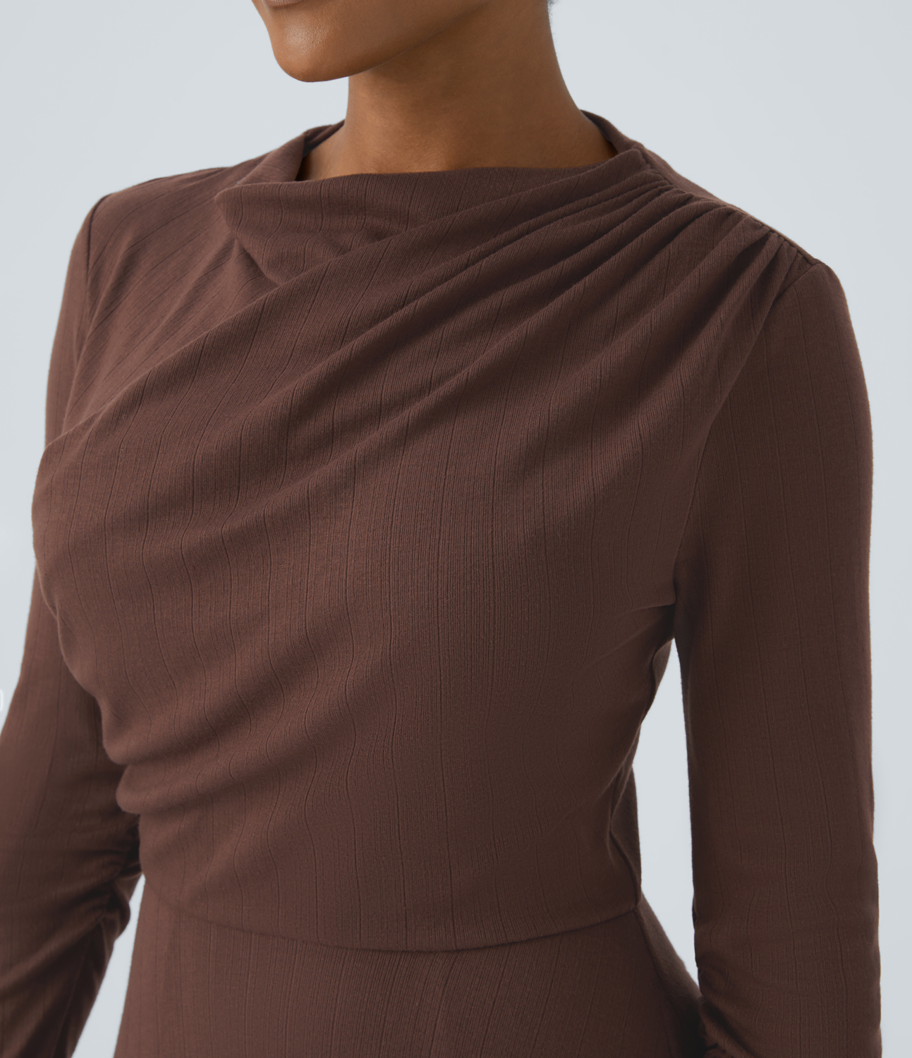 Halara Ribbed Knit Cowl Neck Long Sleeve Ruched Side Pocket Maxi Casual Dress Casual Dress - Chocolate Fondant - M slip dress beach dress 