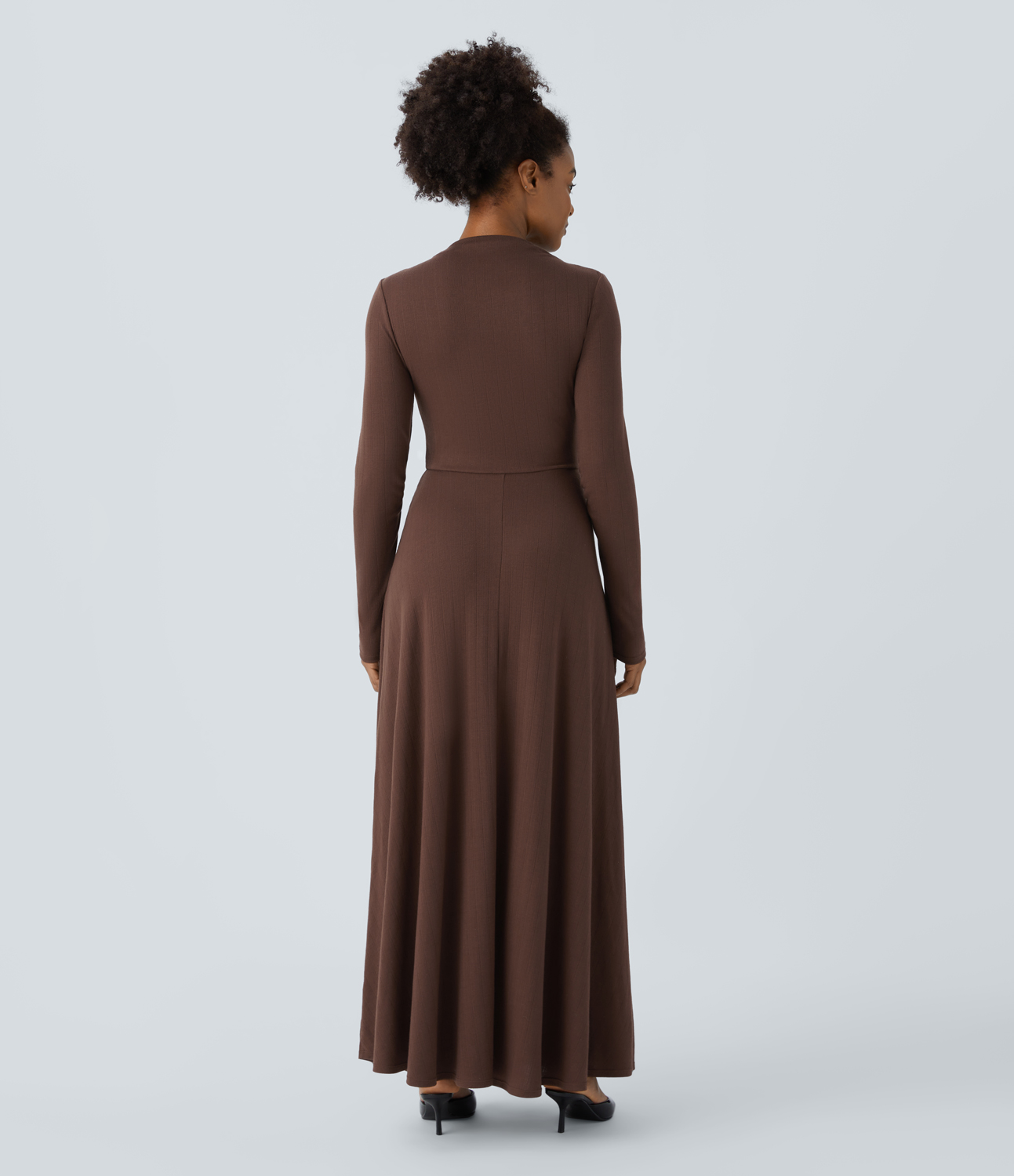 Halara Ribbed Knit Cowl Neck Long Sleeve Ruched Side Pocket Maxi Casual Dress Casual Dress - Chocolate Fondant - M slip dress beach dress 