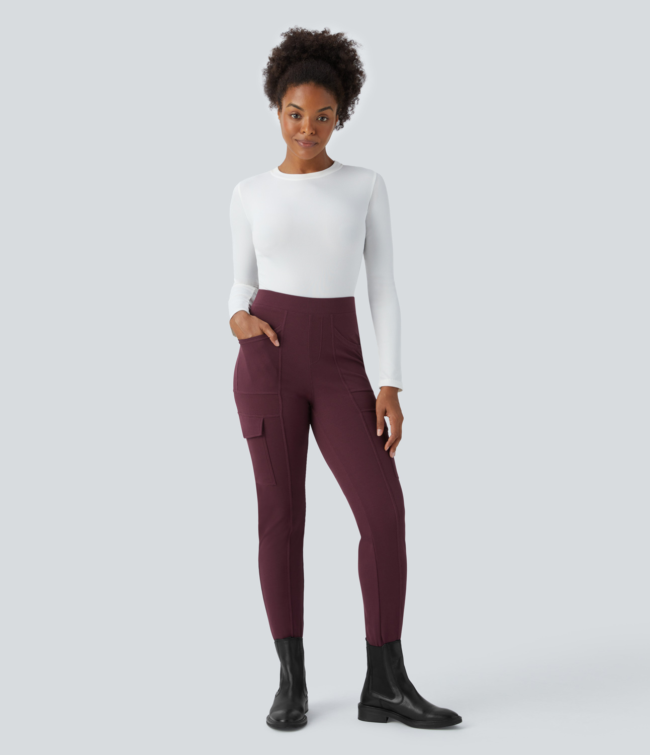 Halara High Waisted Multiple Pockets Waffle Casual Skinny Pants  - Evening Red - S(regular) 