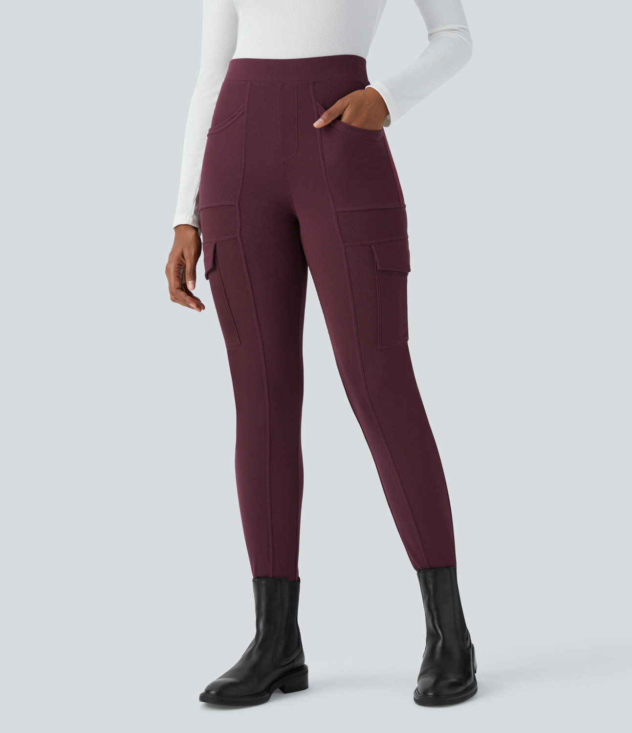 Halara High Waisted Multiple Pockets Waffle Casual Skinny Pants  - Evening Red - S(regular) 
