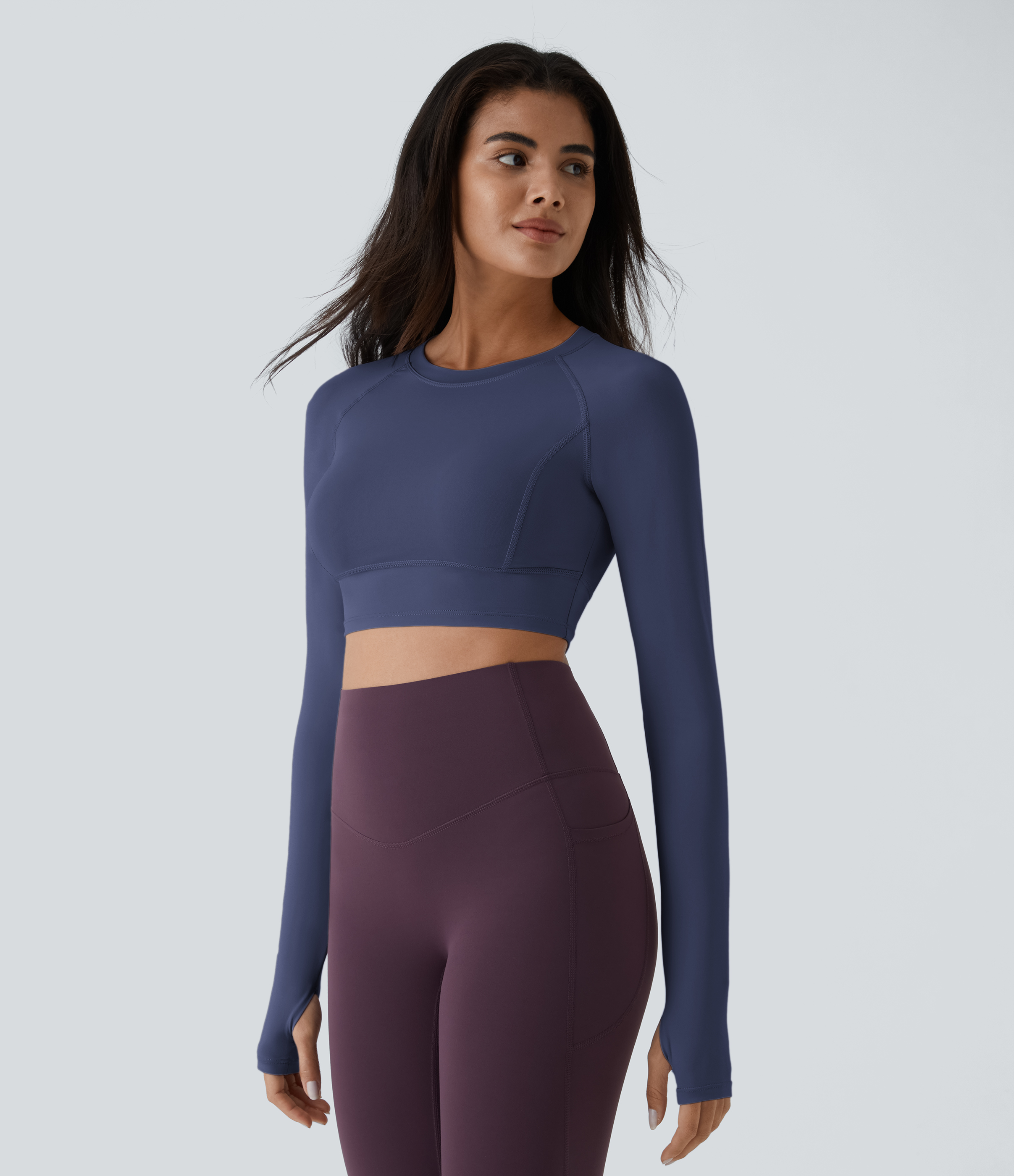 Halara Solid Thumb Hole Cropped Yoga Sports Top  - Mood Indigo - XS 
