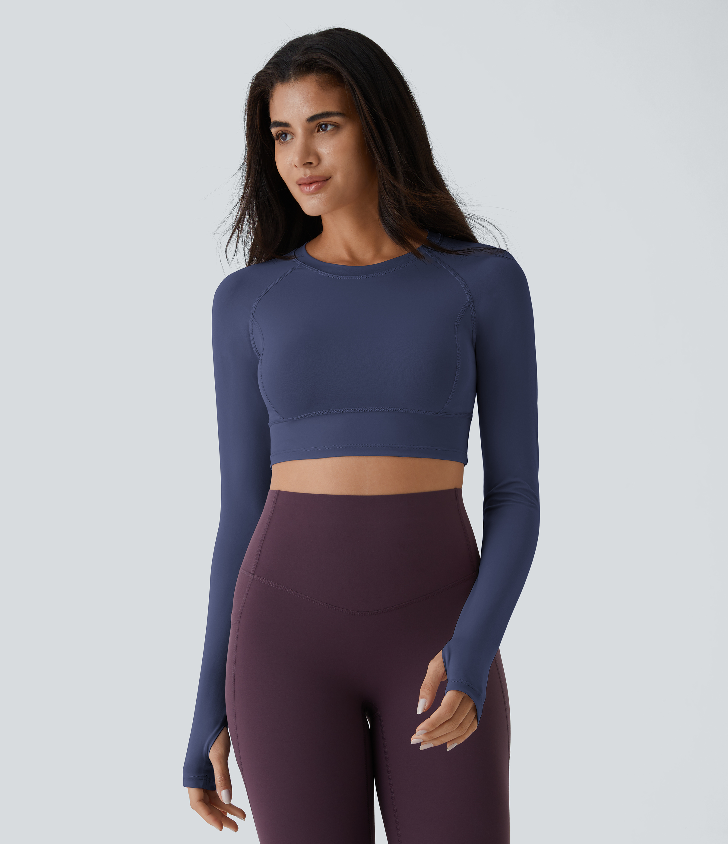 Halara Solid Thumb Hole Cropped Yoga Sports Top  - Mood Indigo - XS 