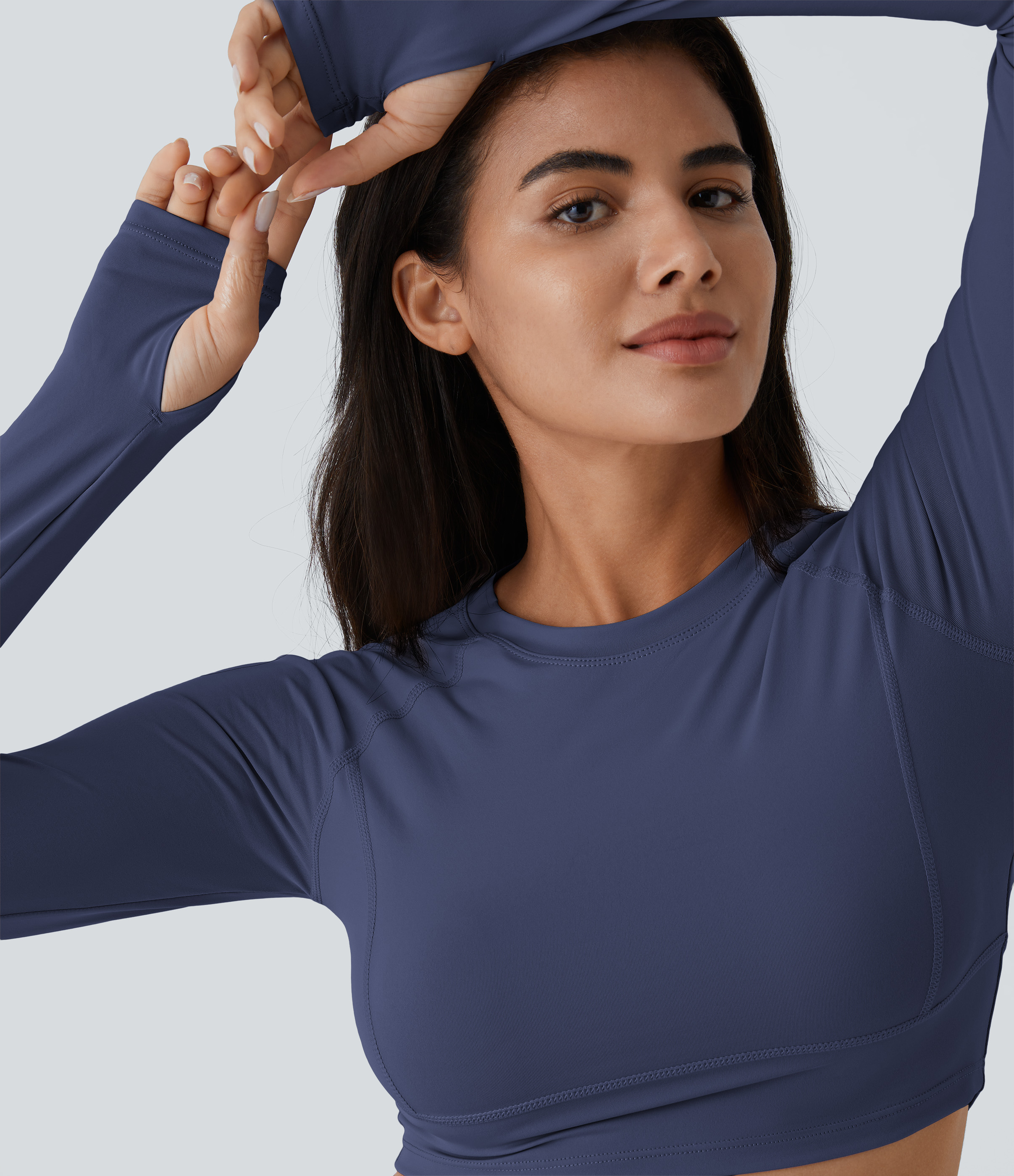 Halara Solid Thumb Hole Cropped Yoga Sports Top  - Mood Indigo - XS 
