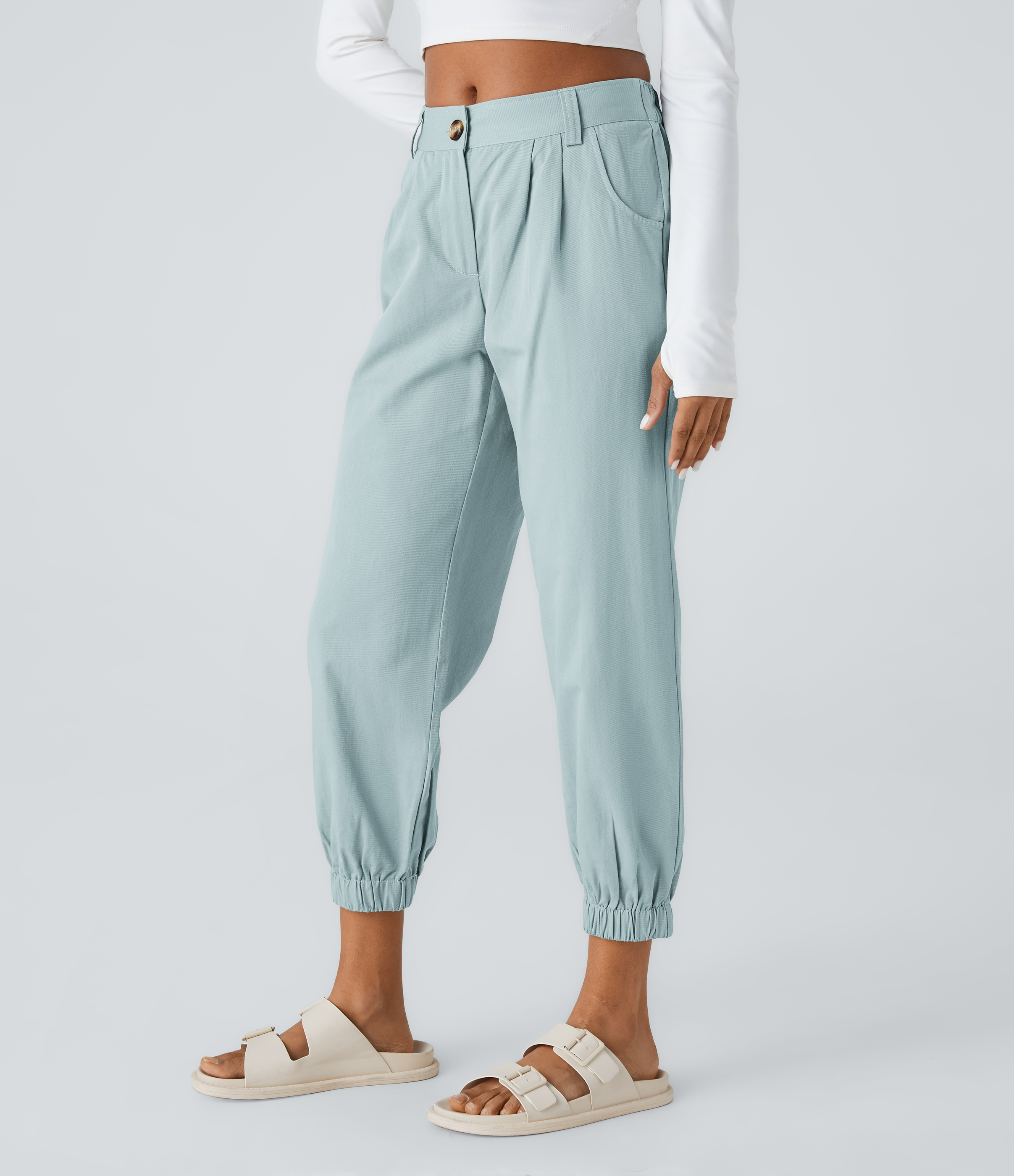 Halara Mid Rise Button Zipper Side Pocket Casual Cotton Joggers  - Misted Blue - S(regular) 