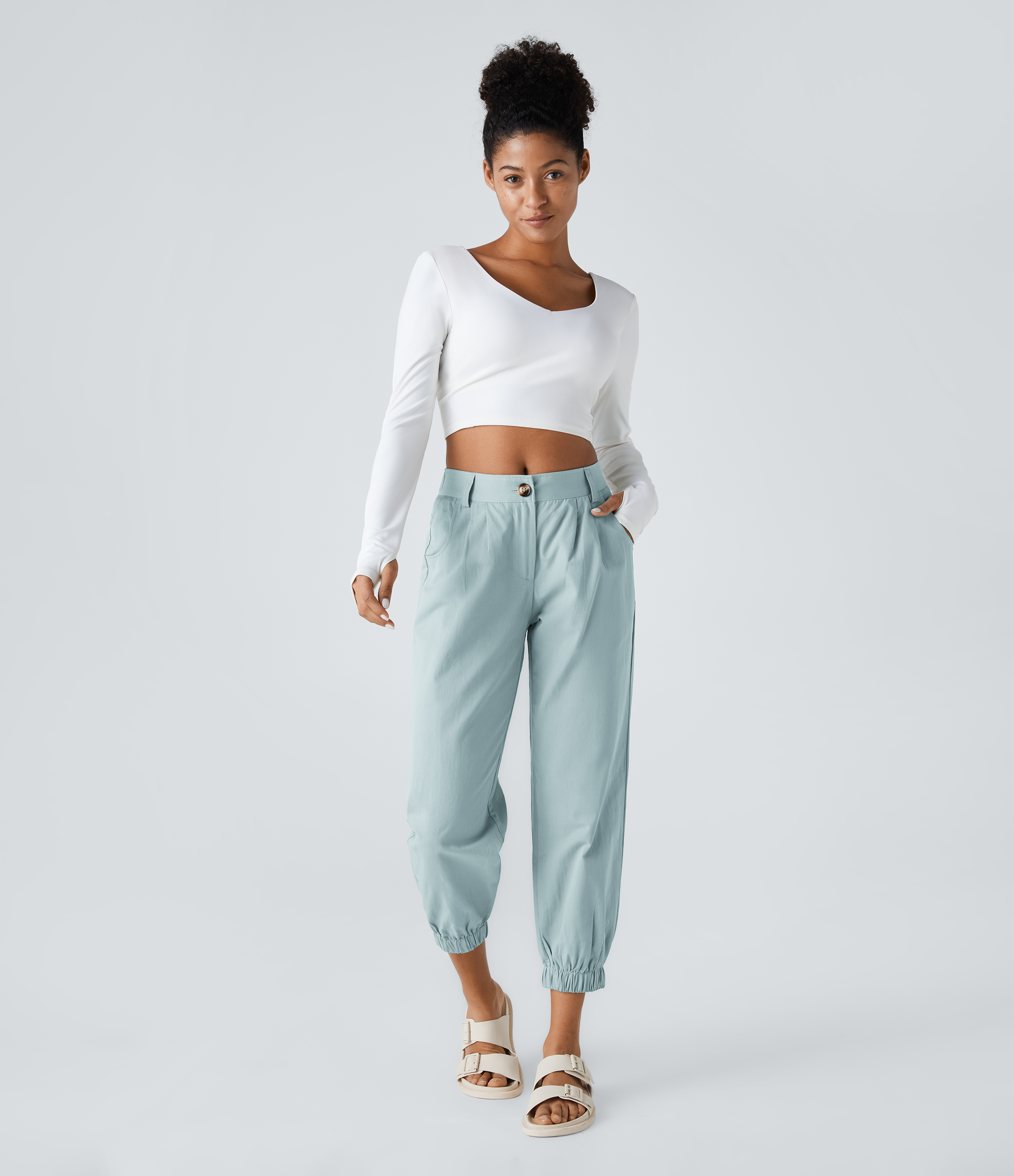 Halara Mid Rise Button Zipper Side Pocket Casual Cotton Joggers  - Misted Blue - S(regular) 