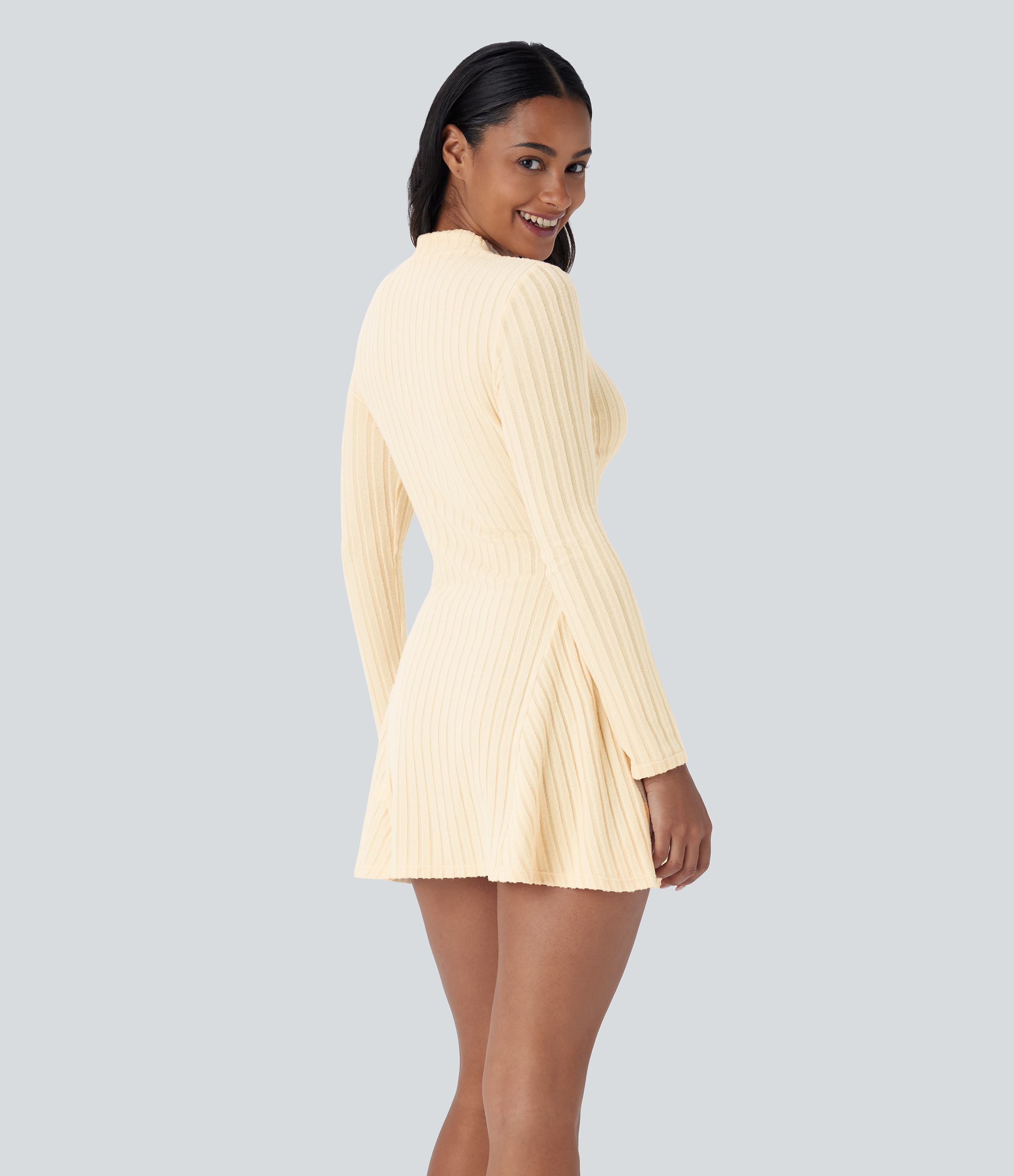 Halara Ribbed Knit Stand Collar Long Sleeve Mini Casual Dress Casual Dress - Buttercream - S slip dress beach dress ruched dress halter dress 