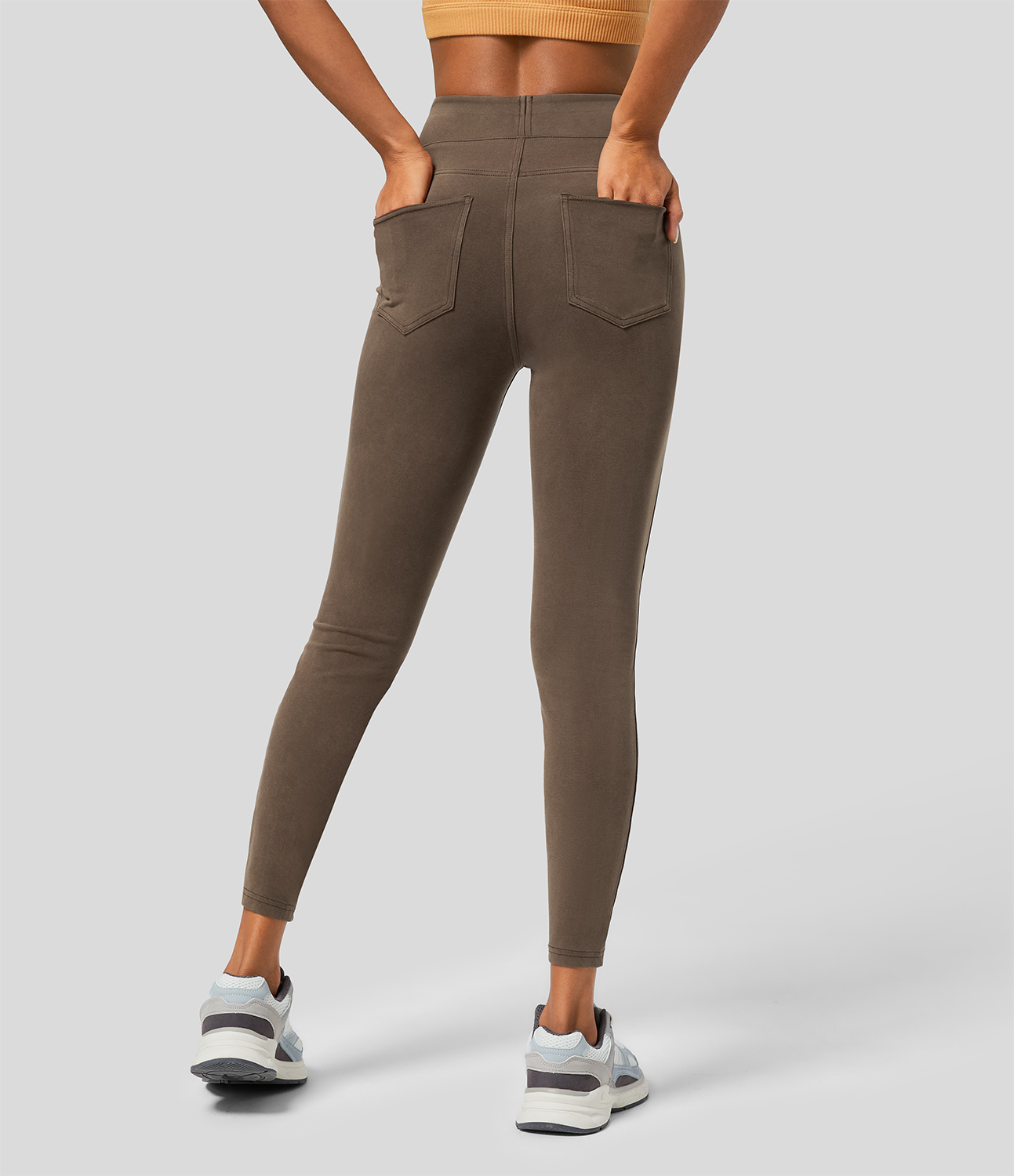 Brown Denim Halara Flex™ casual 7/8 leggings with a high waistband and multiple pockets, colorful, stretchy knit denim / 2