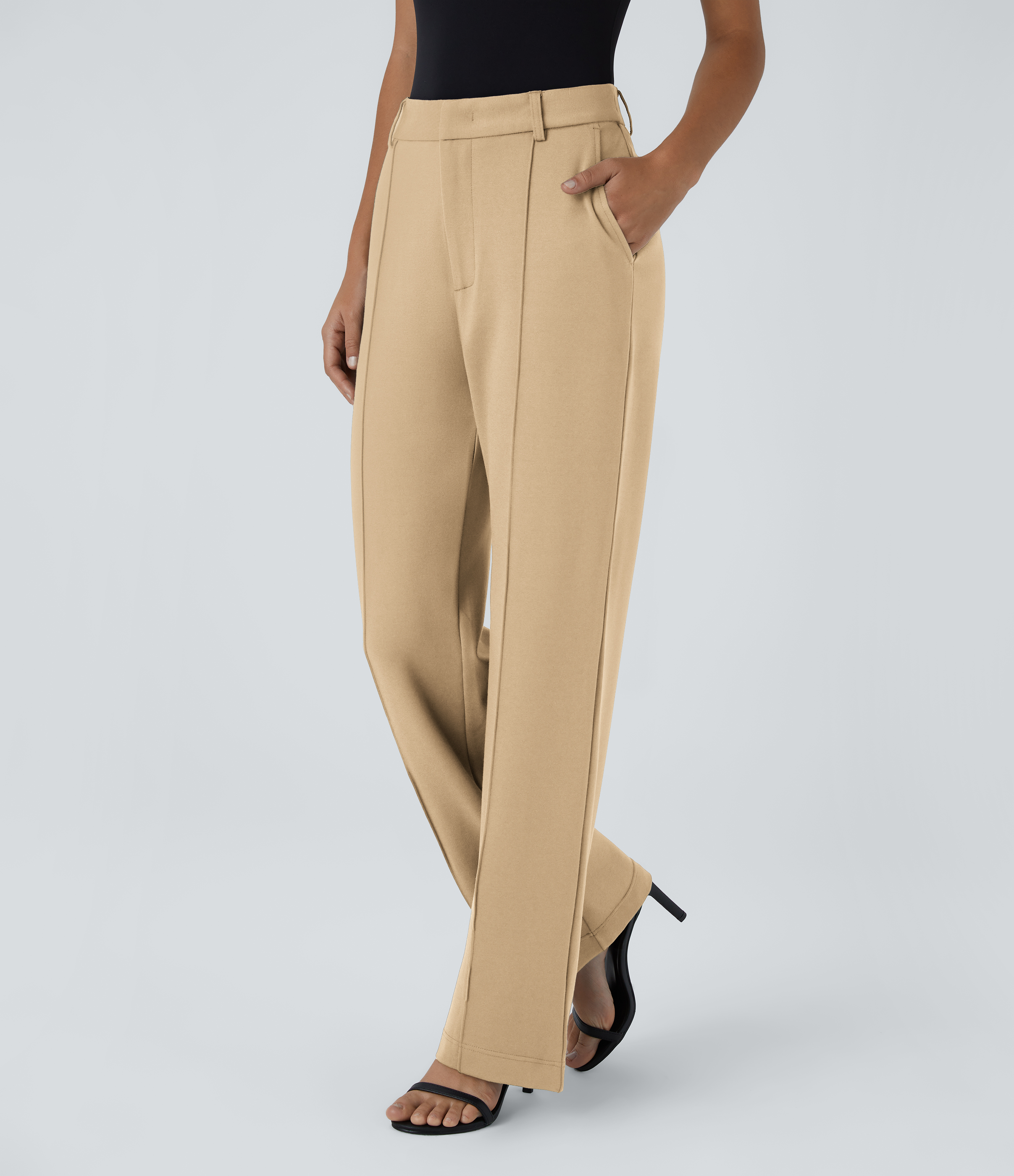 Halara High Waisted Side Pocket Straight Leg Work Suit Pants  - Taos Taupe - S(regular) sweatpants jogger pants stacked sweatpants 