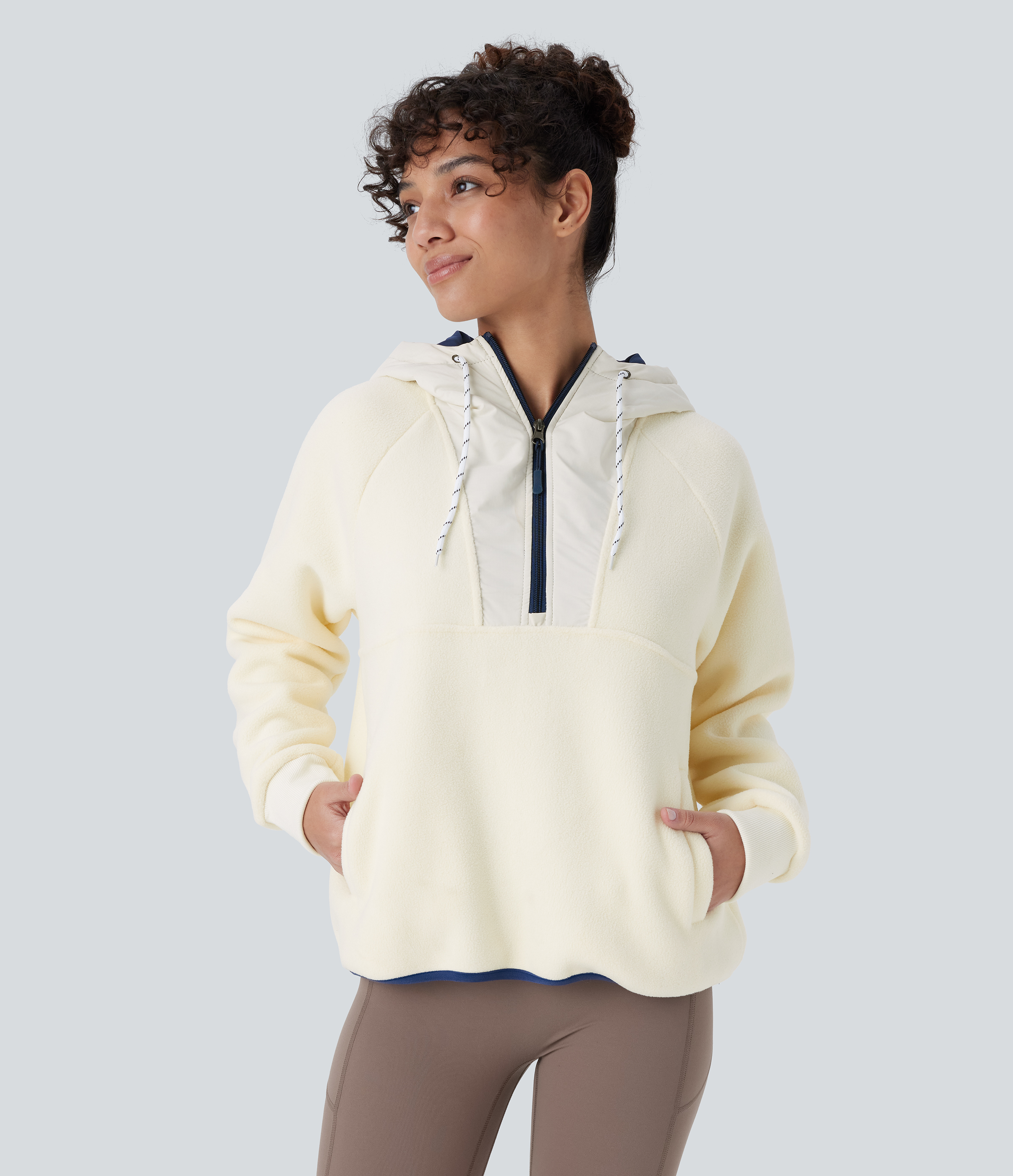 Hooded Drawstring Half Zip Long Sleeve Pocket Color Block Fleece Hiking Jacket