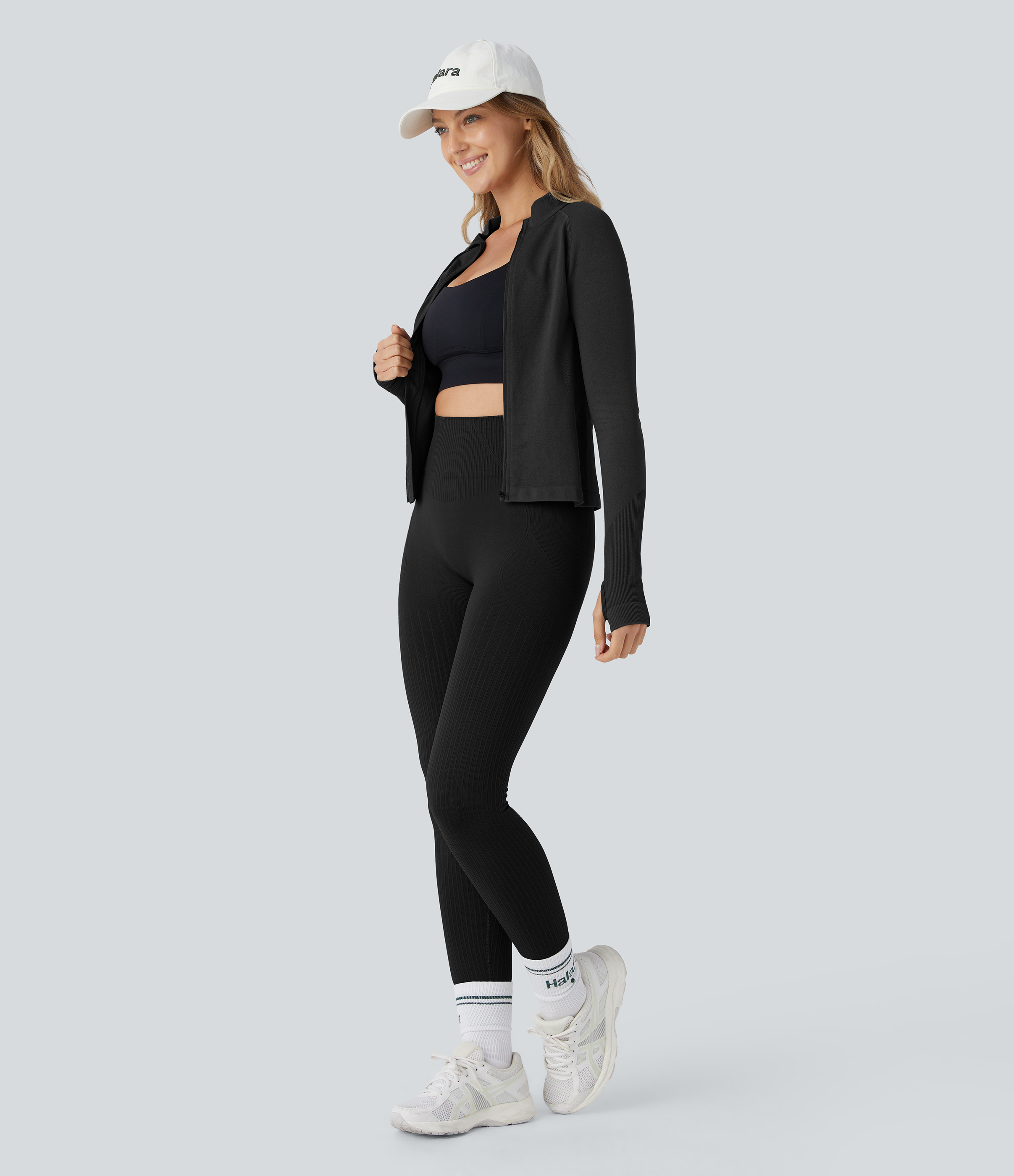 Halara Skin Friendly Soft Seamless Flow Ribbed High Waisted Tummy Control Butt Lifting Training 7/8 Leggings  - Black - S(7/8) gym leggings 
