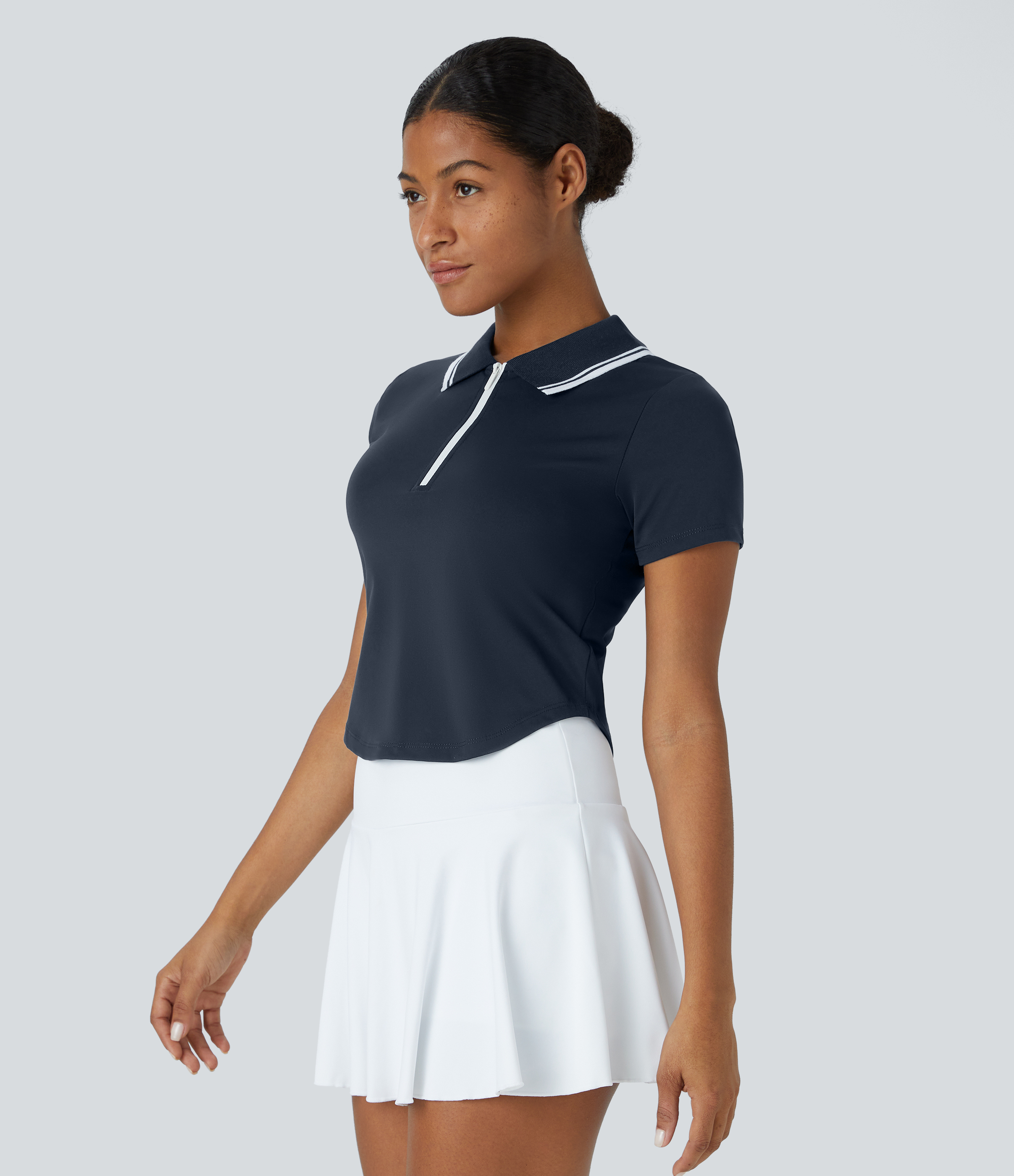 Halara Collared Zipper Short Sleeve Curved Hem Color Block Tennis Sports Top  - Navy Blazer - XS 
