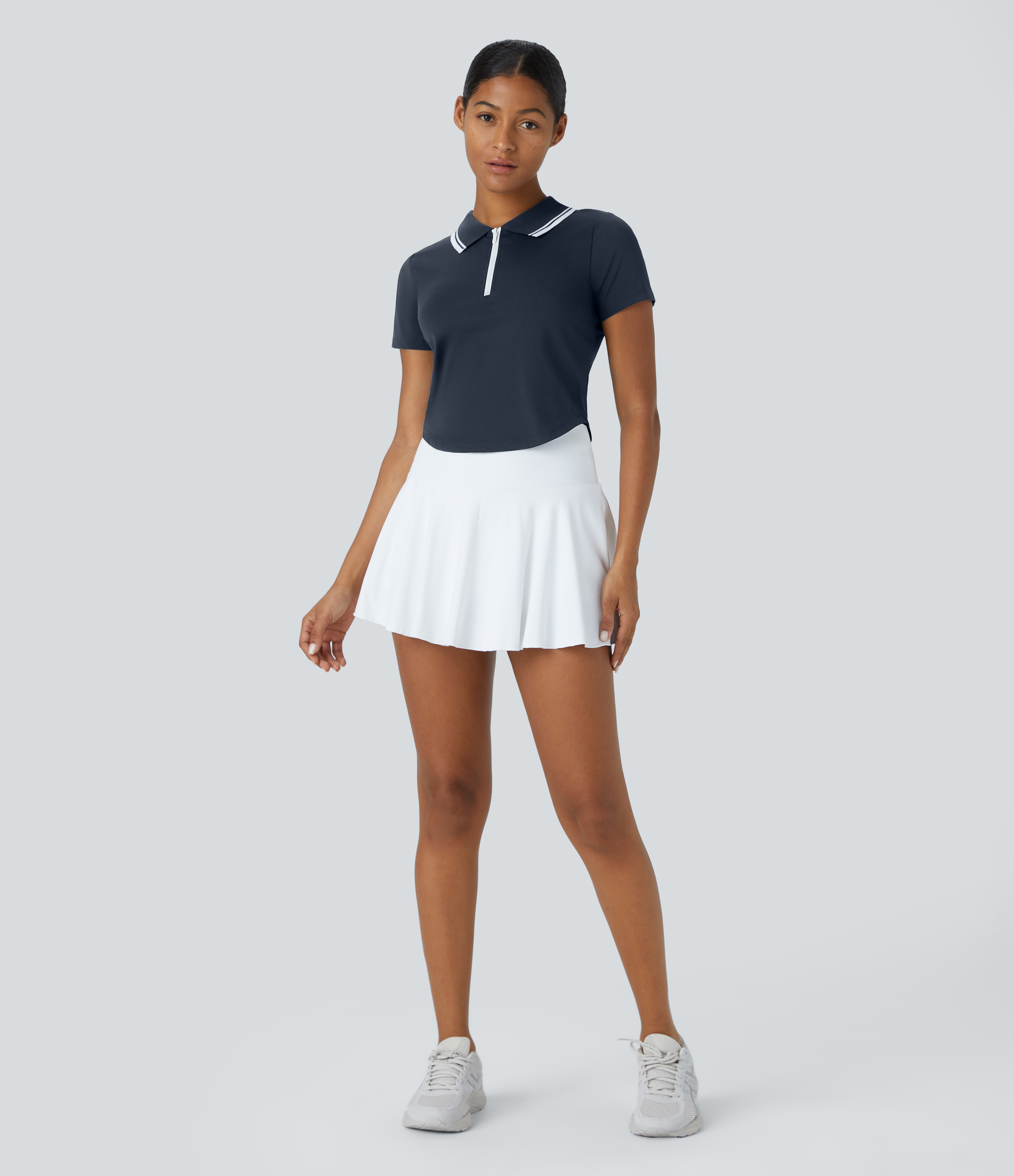 Halara Collared Zipper Short Sleeve Curved Hem Color Block Tennis Sports Top  - Navy Blazer - XS 