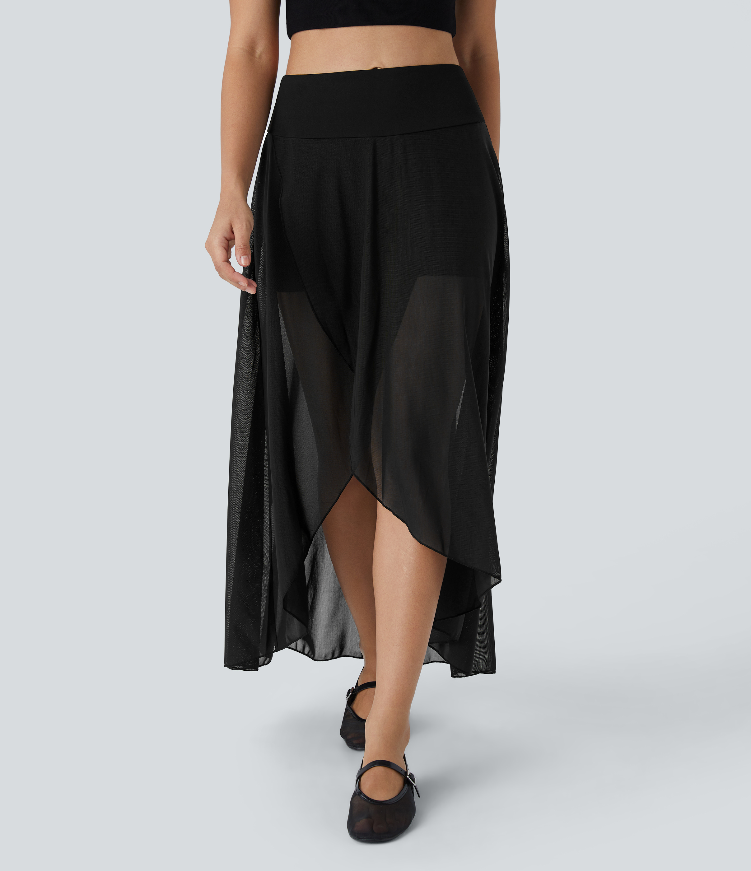 Halara High Waisted High Low Ruffle 2-in-1 Side Pocket Flare Mesh Casual Regular Maxi Skirt  - Black - XL midi skirt a line skirt 