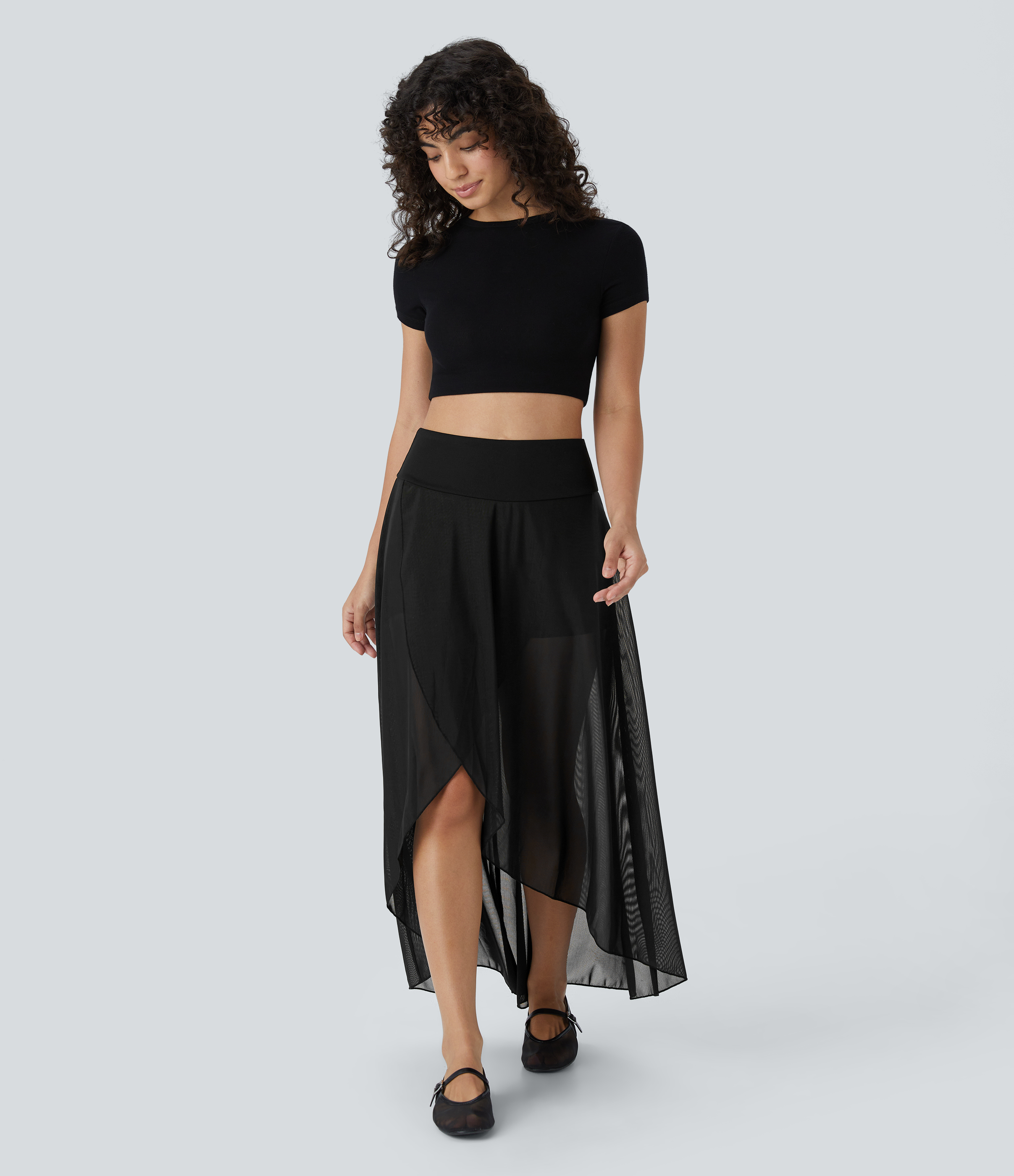 Halara High Waisted High Low Ruffle 2-in-1 Side Pocket Flare Mesh Casual Regular Maxi Skirt  - Black - XL midi skirt a line skirt 
