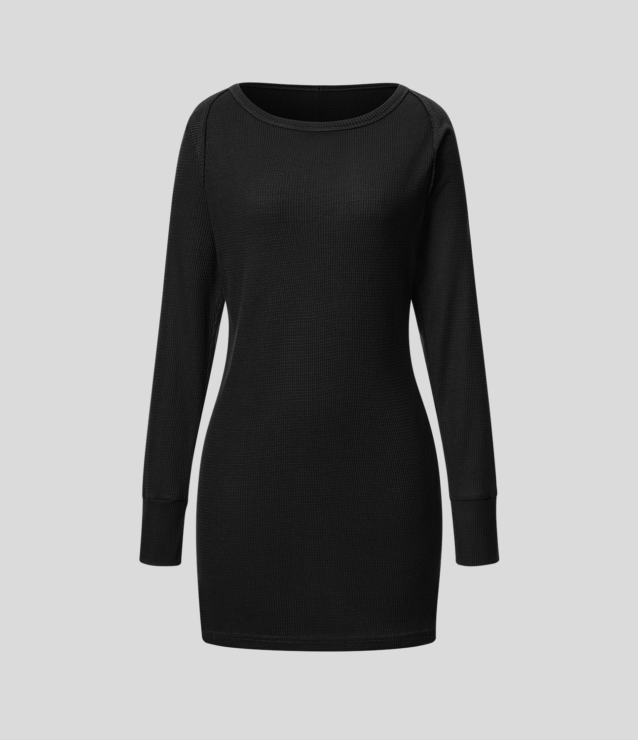 Halara Boat Neck Raglan Sleeve Thumb Hole Split Hem Waffle Casual Sweatshirt Dress  - Black - XS 