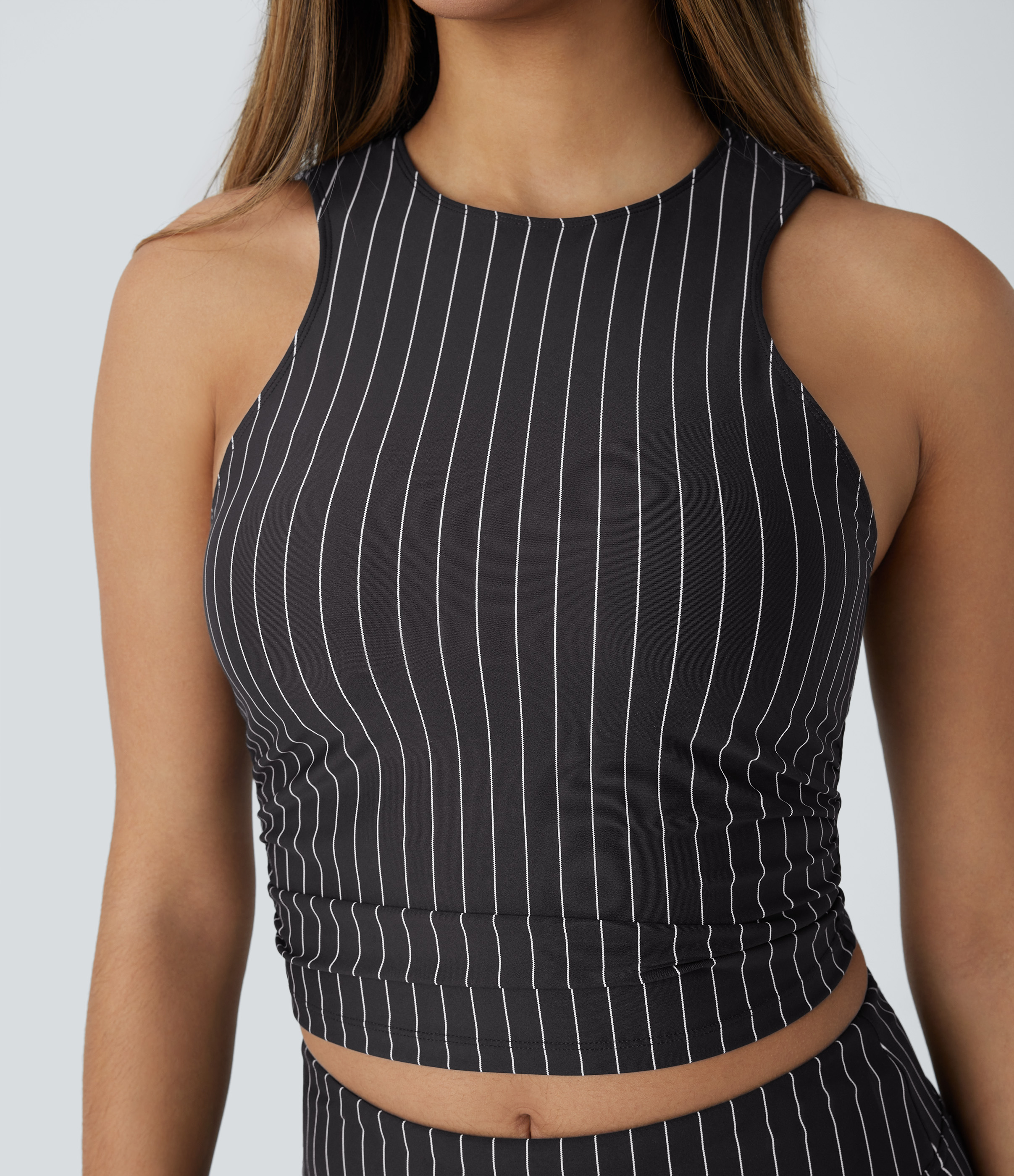 Halara Ruched Stripe Cropped Cool Touch Yoga Sports Top  - Black White Oxford Pinstripe - XS 
