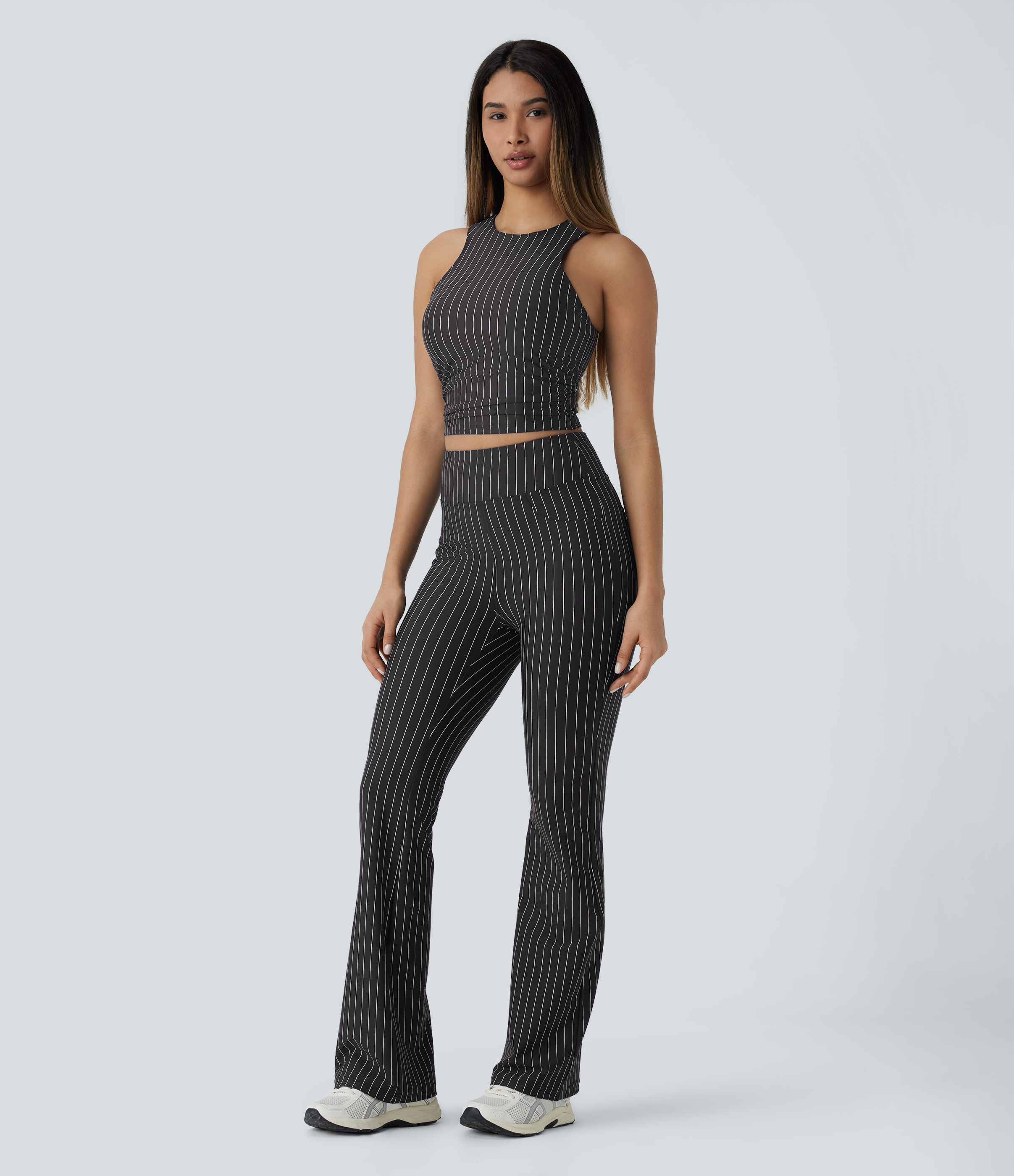 Halara Ruched Stripe Cropped Cool Touch Yoga Sports Top  - Black White Oxford Pinstripe - XS 