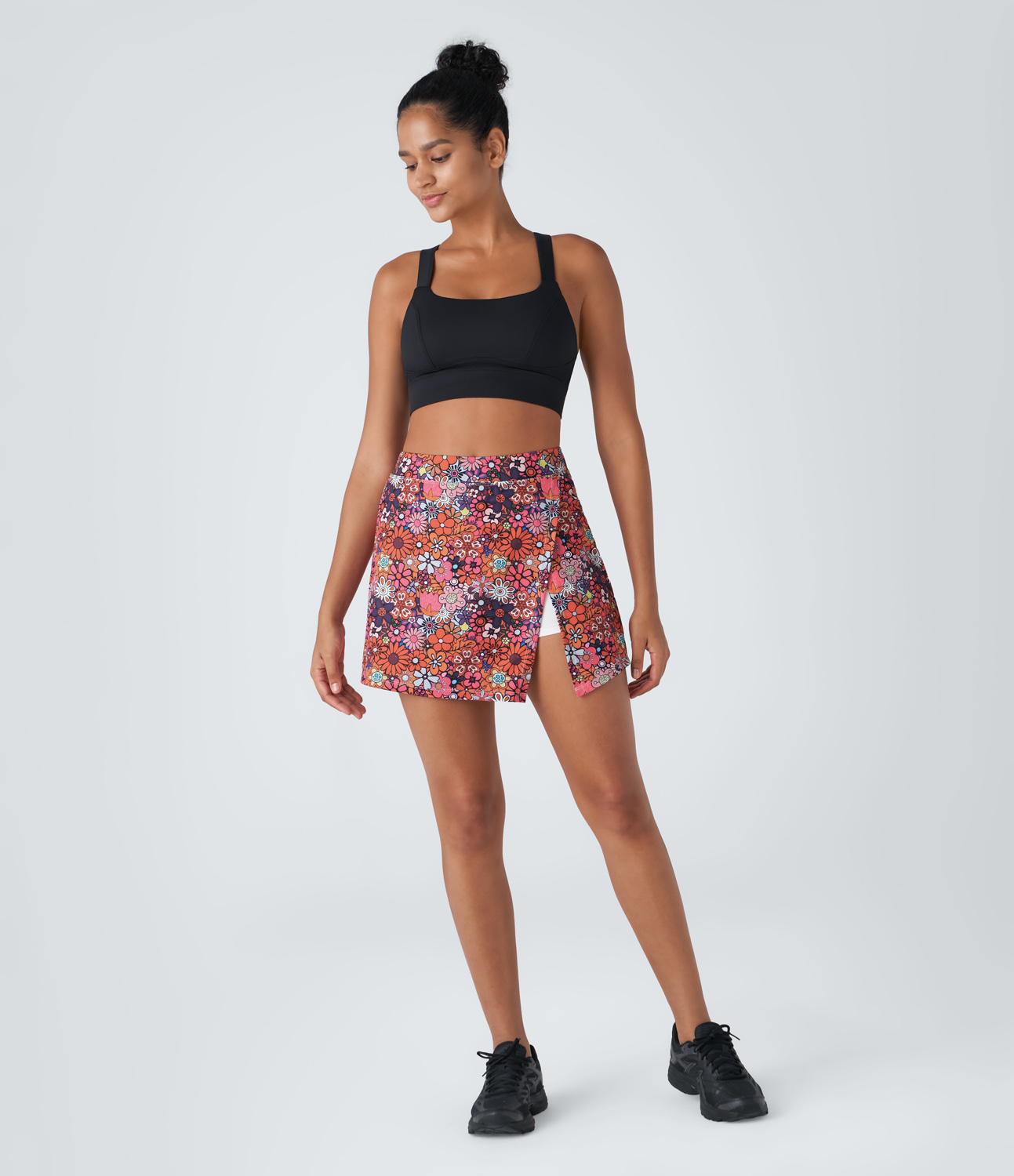 Halara High Waisted Split 2-in-1 Side Pocket Floral Print Mini Pickleball Skirt  - Sunflower Print - M(regular) midi skirt a line skirt 