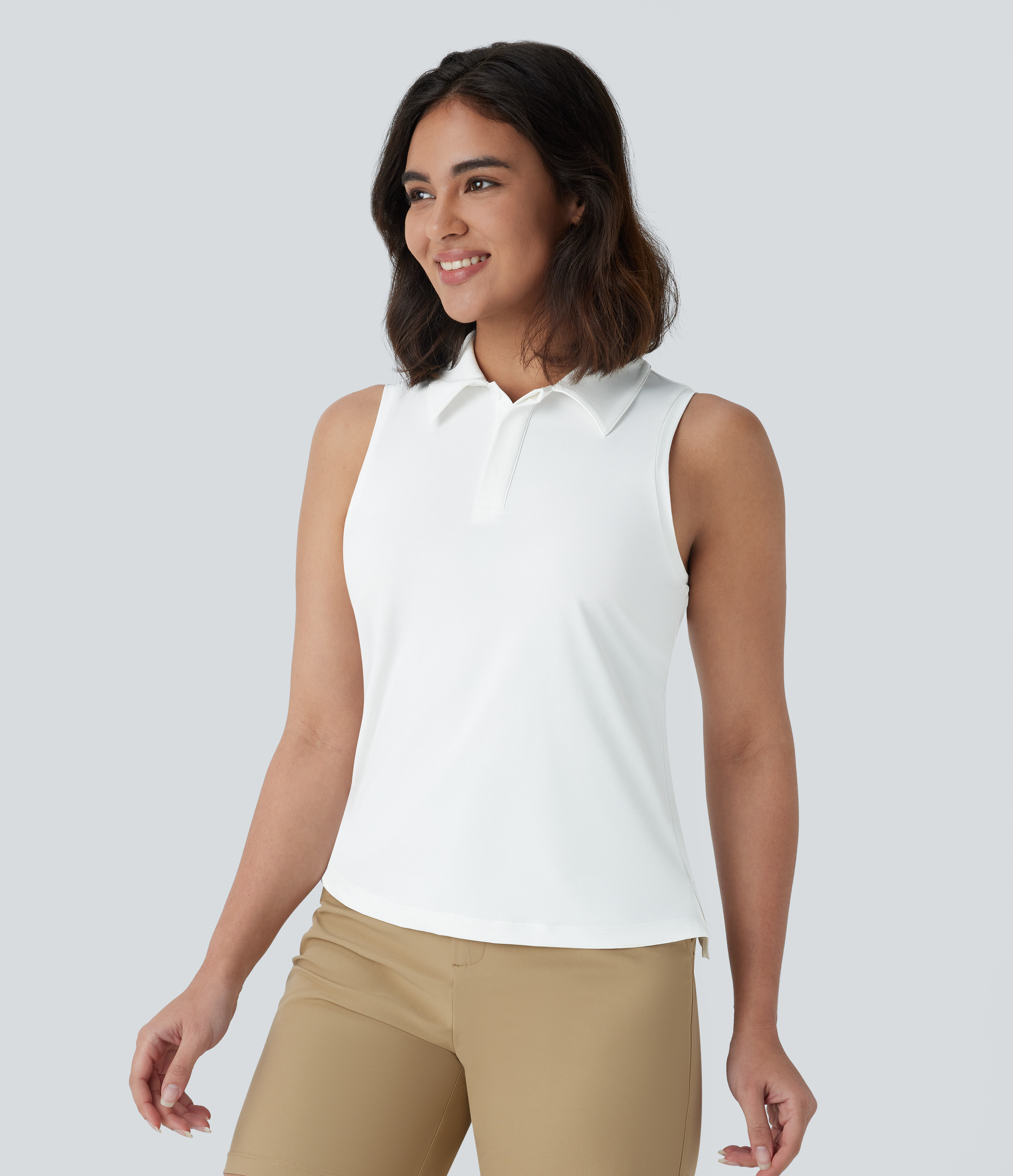 Halara Lightweight Polo Neck Split Hem Golf Tank Top Tank Top - White - XS golf tops halter top tunic tops sleeveless tops backless top 