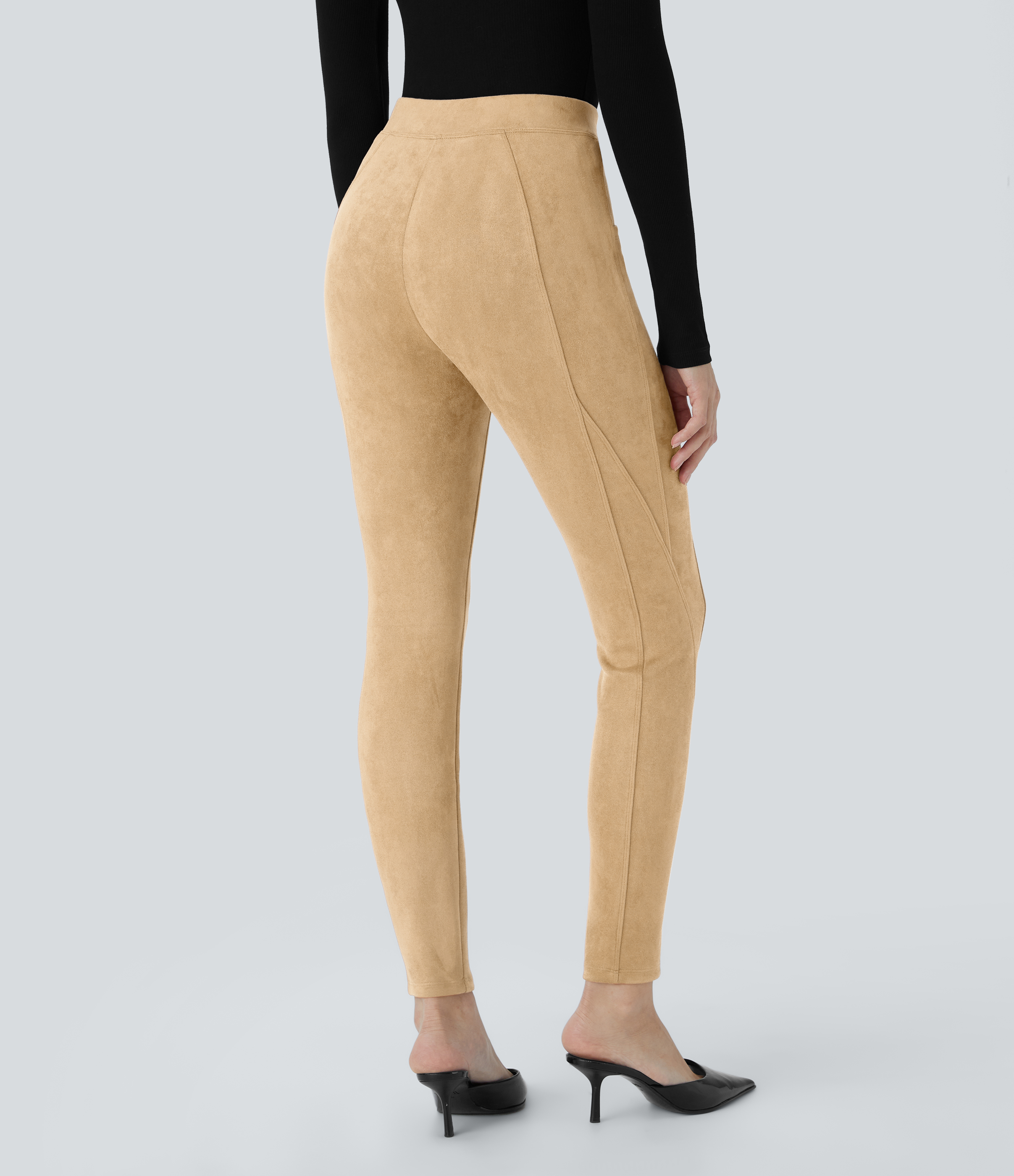Halara High Waisted Tummy Control Side Pocket Suede Casual Leggings  - Marzipan - XS(7/8) gym leggings leggings with pockets 