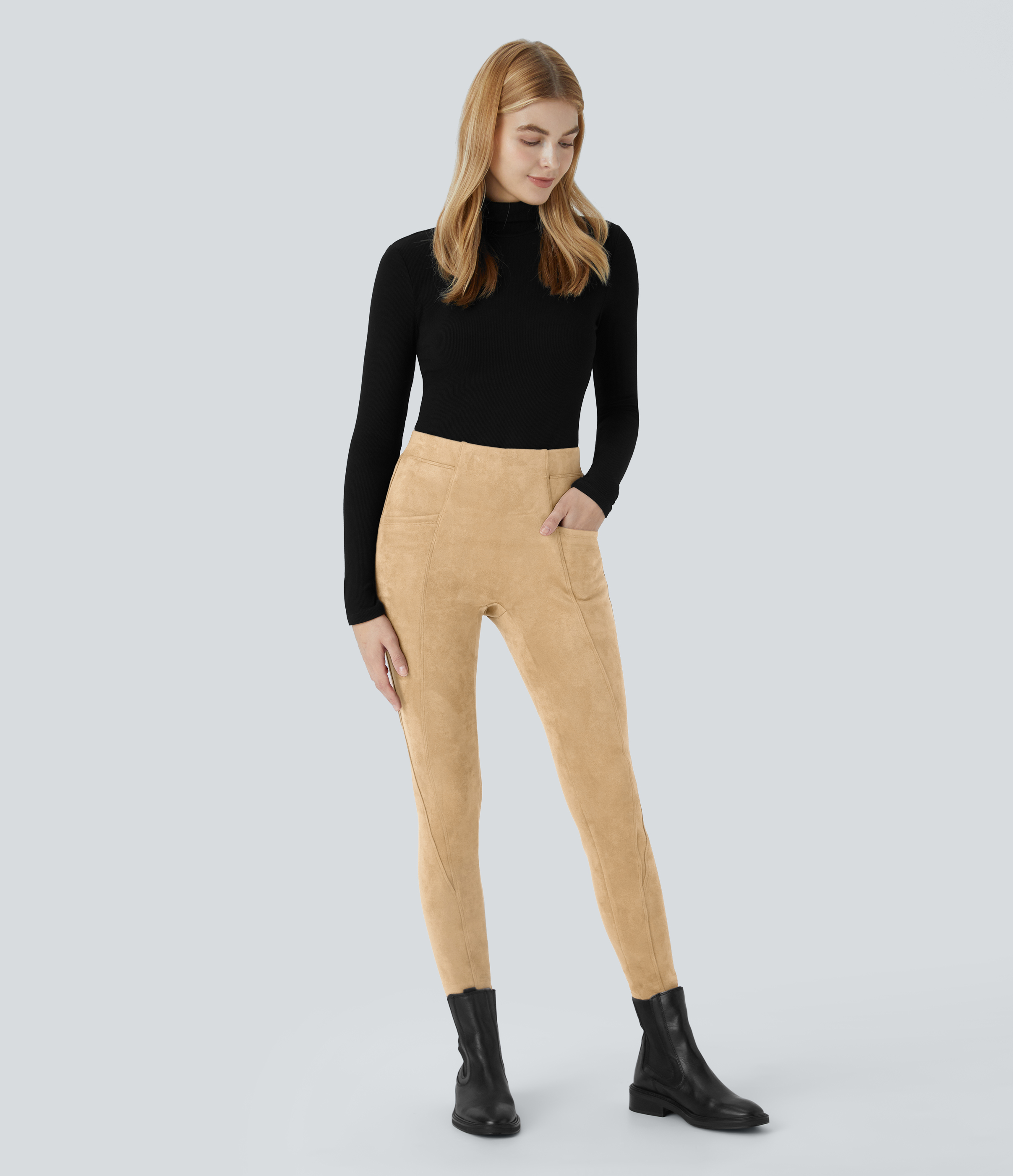 Halara High Waisted Tummy Control Side Pocket Suede Casual Leggings  - Marzipan - XS(7/8) gym leggings leggings with pockets 