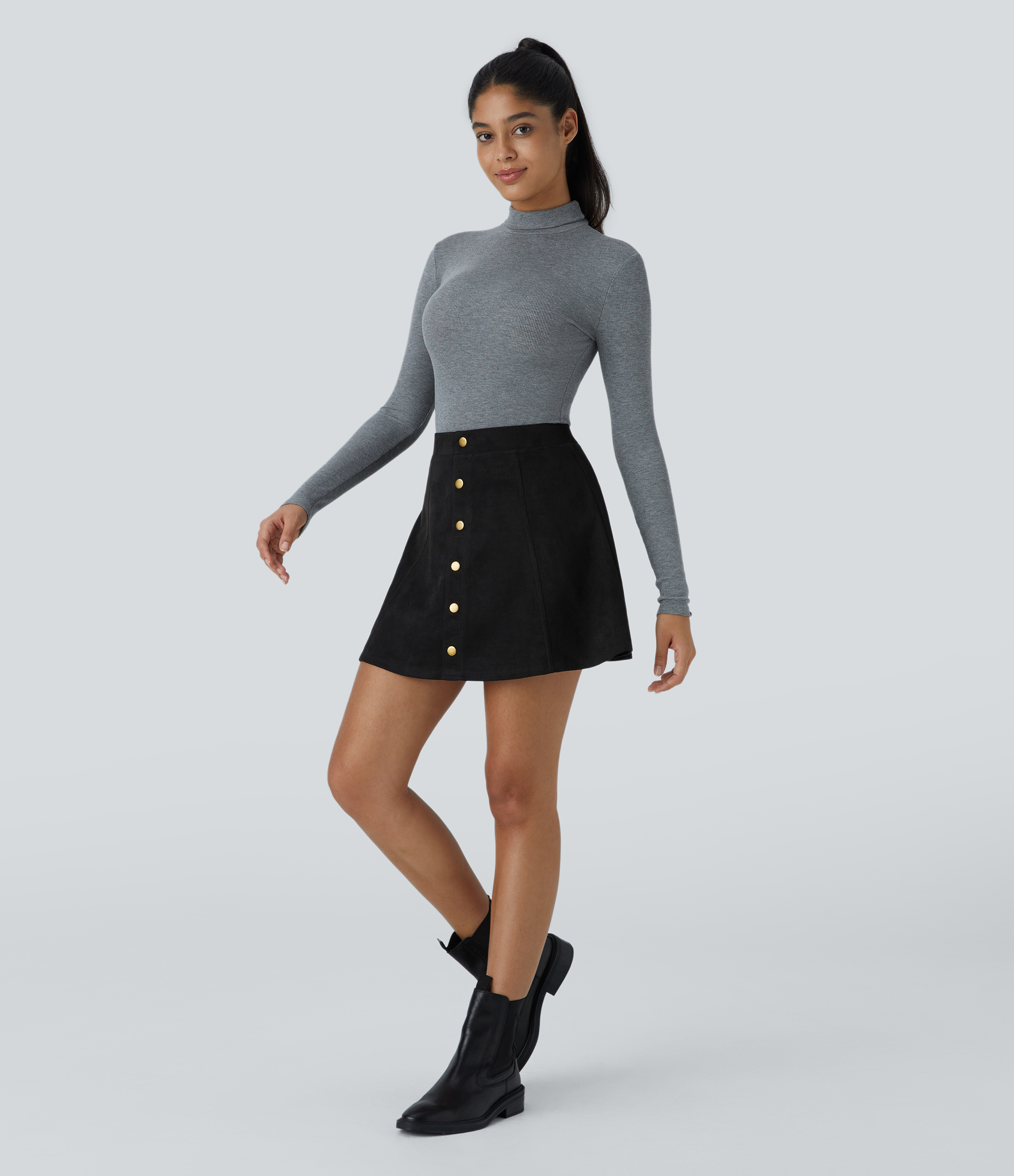 Halara High Waisted Decorative Button 2-in-1 A Line Suede Mini Casual Skirt  - Black - XS(regular) 