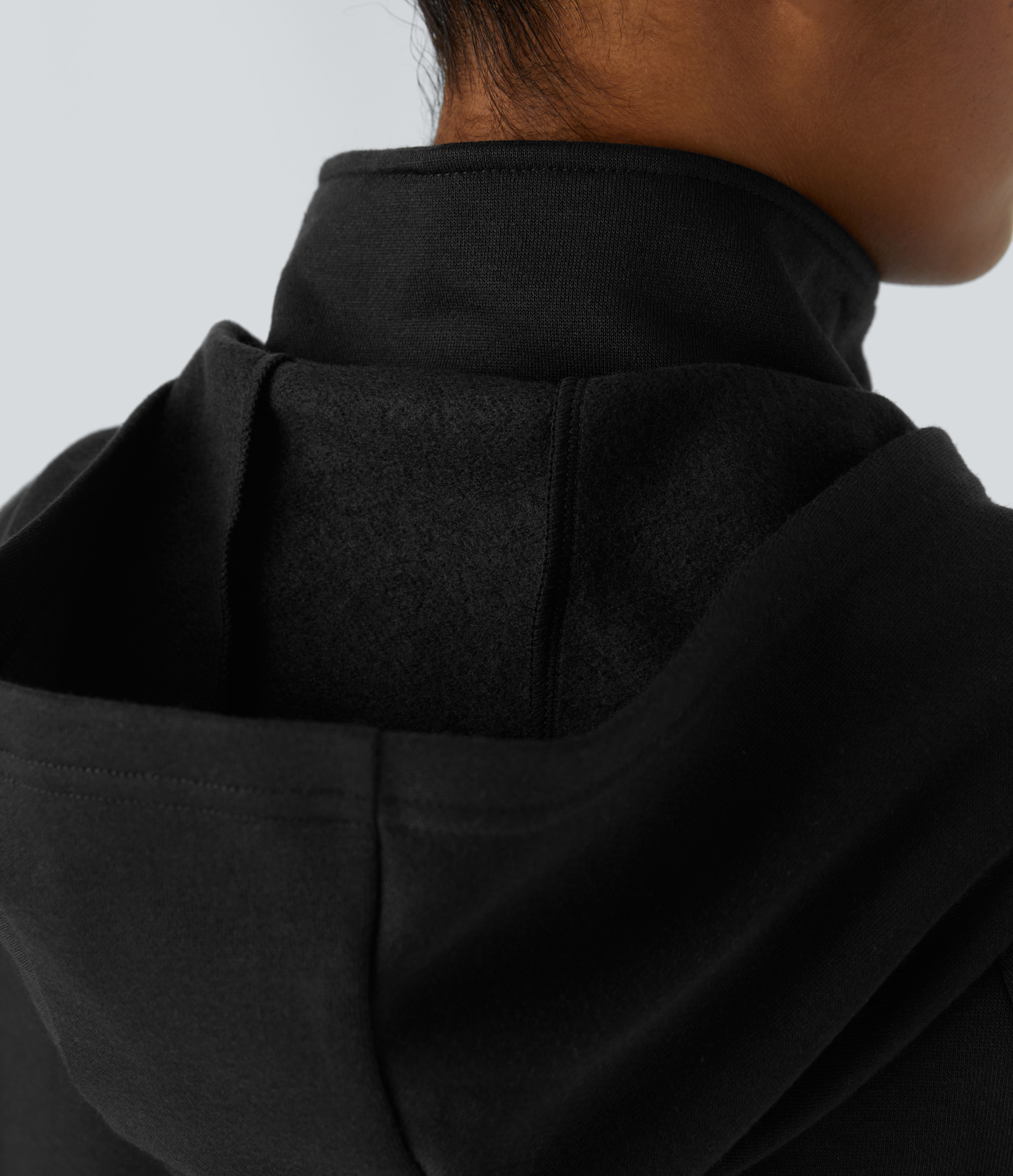 Halara Hooded Stand Collar Zipper Long Sleeve Thumb Hole Side Pocket Fleece Yoga Jacket  - Black - XL 