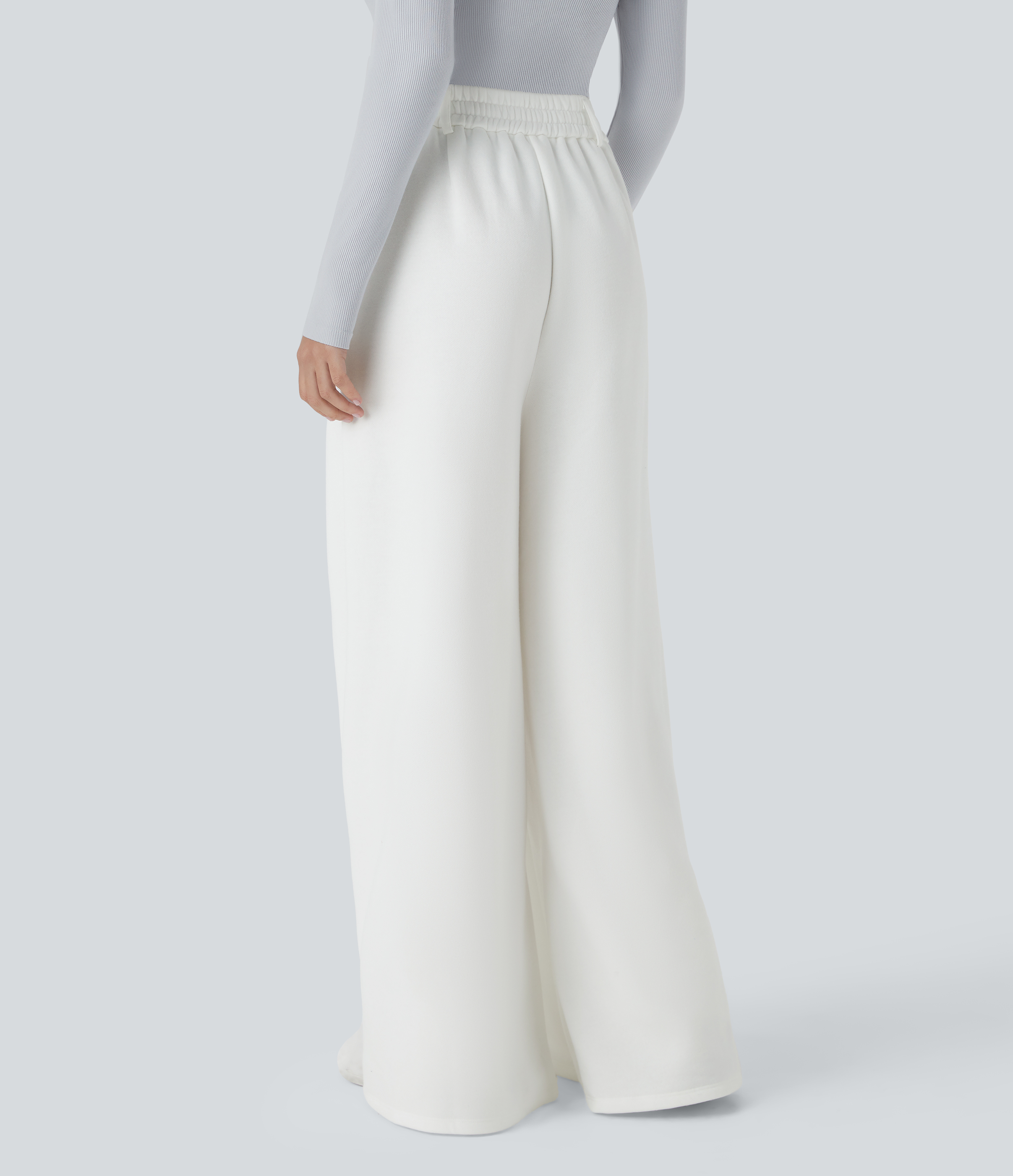 Halara High Waisted Button Zipper Side Pocket Fleece Wide Leg Casual Pants  - White - L(regular) sweatpants jogger pants stacked sweatpants 
