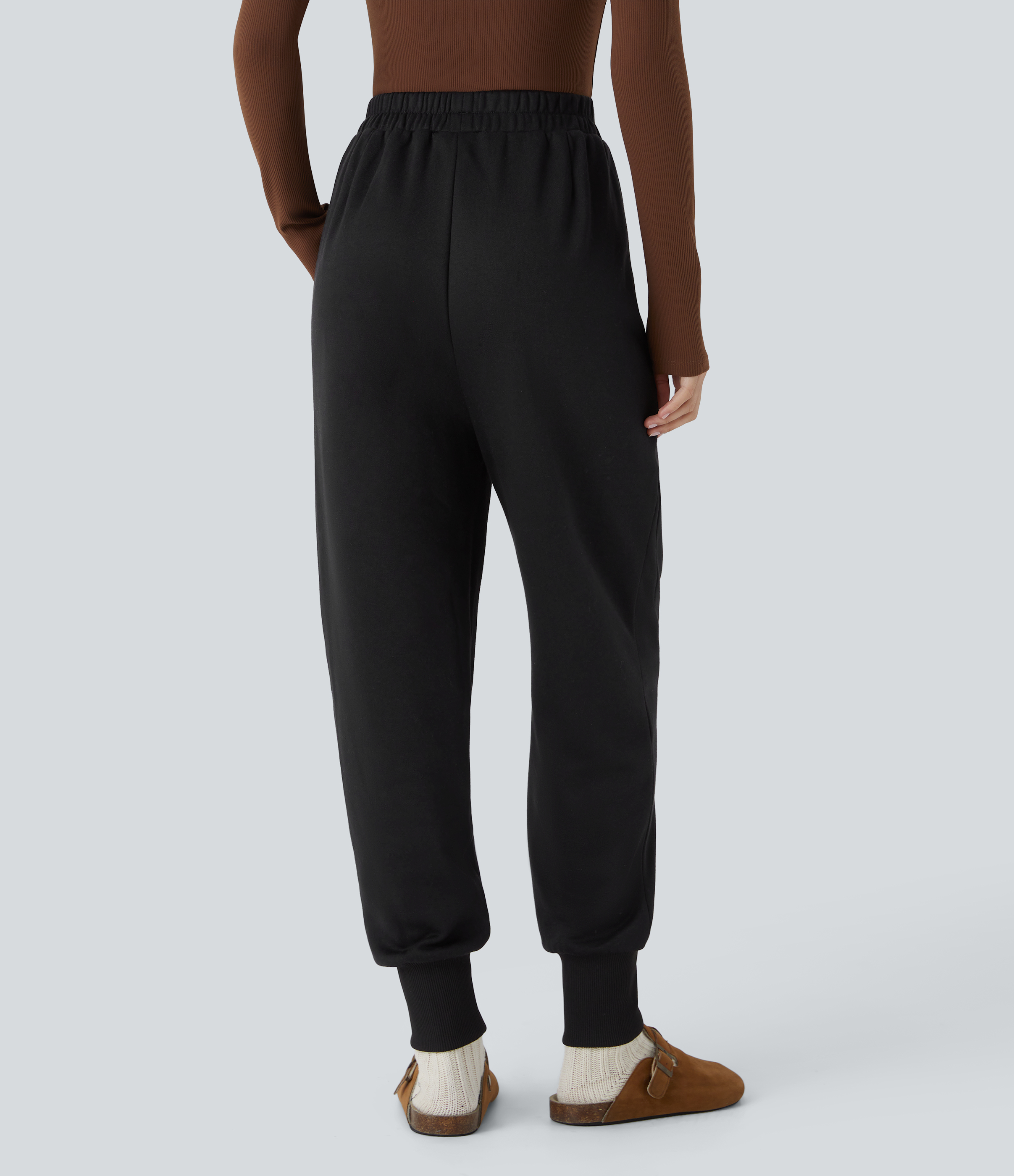 Halara High Waisted Side Pocket Fleece Casual Joggers  - Black - L(regular) 