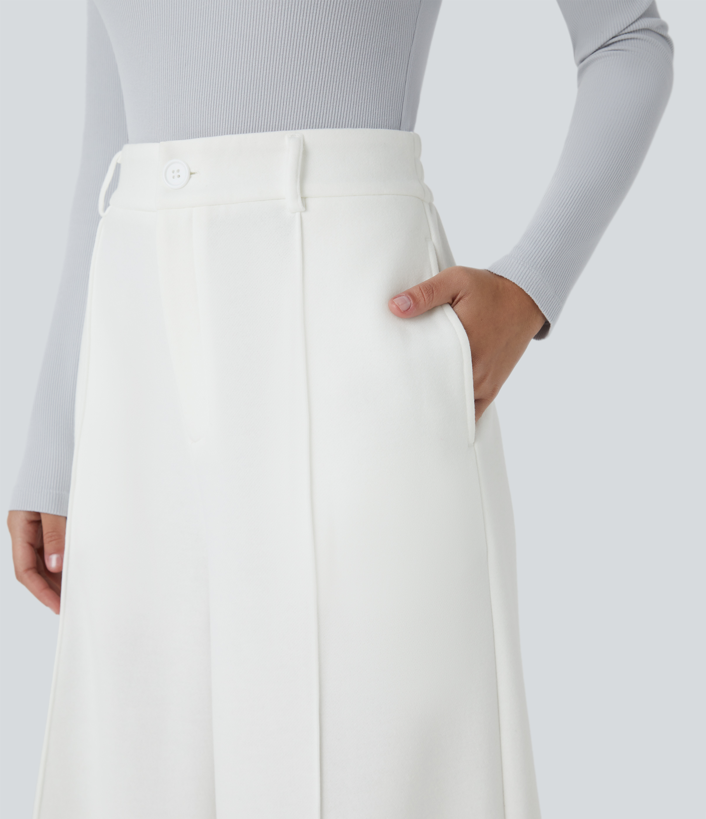 Halara High Waisted Button Zipper Side Pocket Fleece Wide Leg Casual Pants  - White - L(regular) sweatpants jogger pants stacked sweatpants 