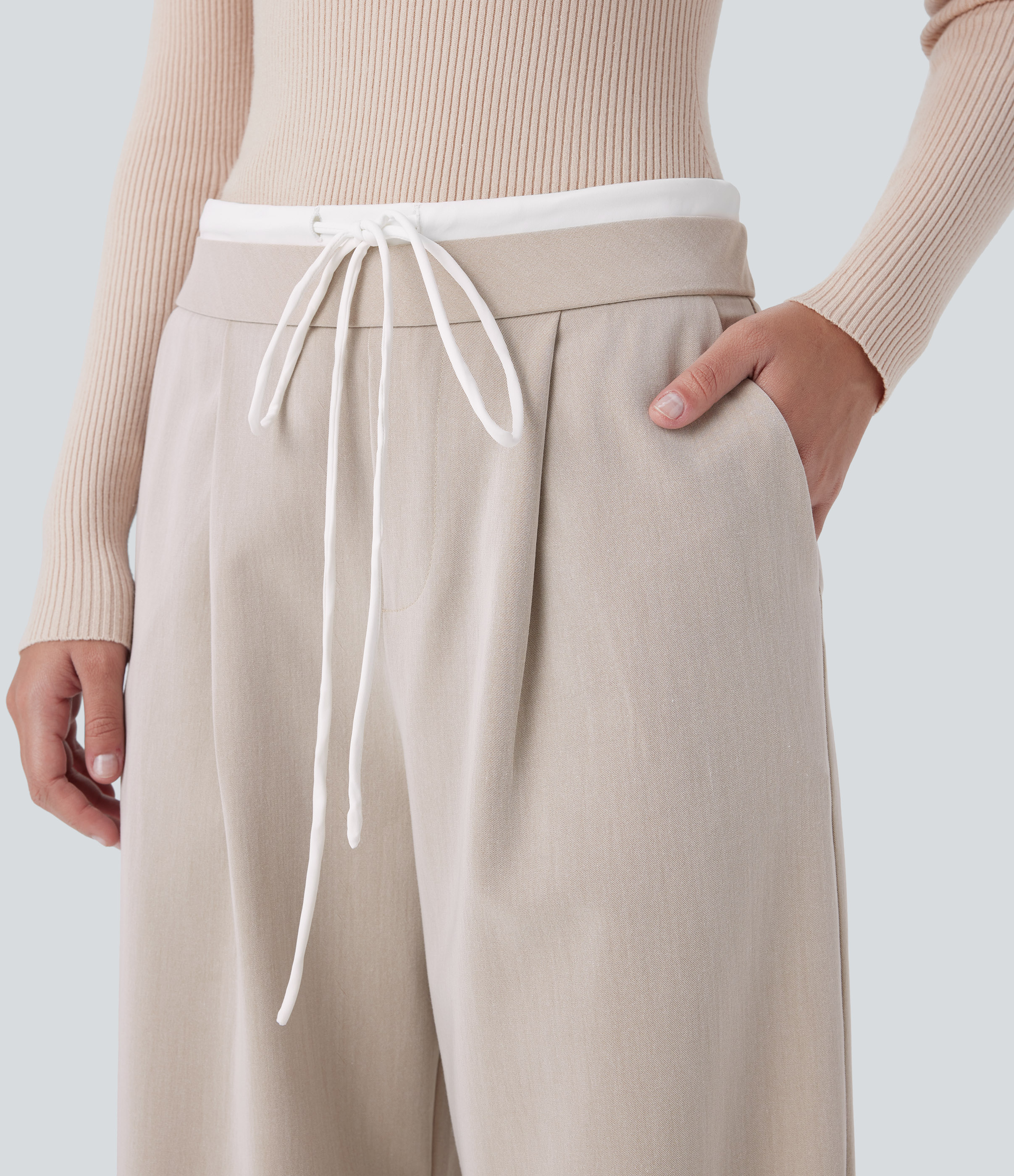 Halara Double-Layer Color Block Low Rise Drawstring Invisible Zipper Side Pocket Wide Leg Casual Pants  - Gray Morn - XL(regular) sweatpants 