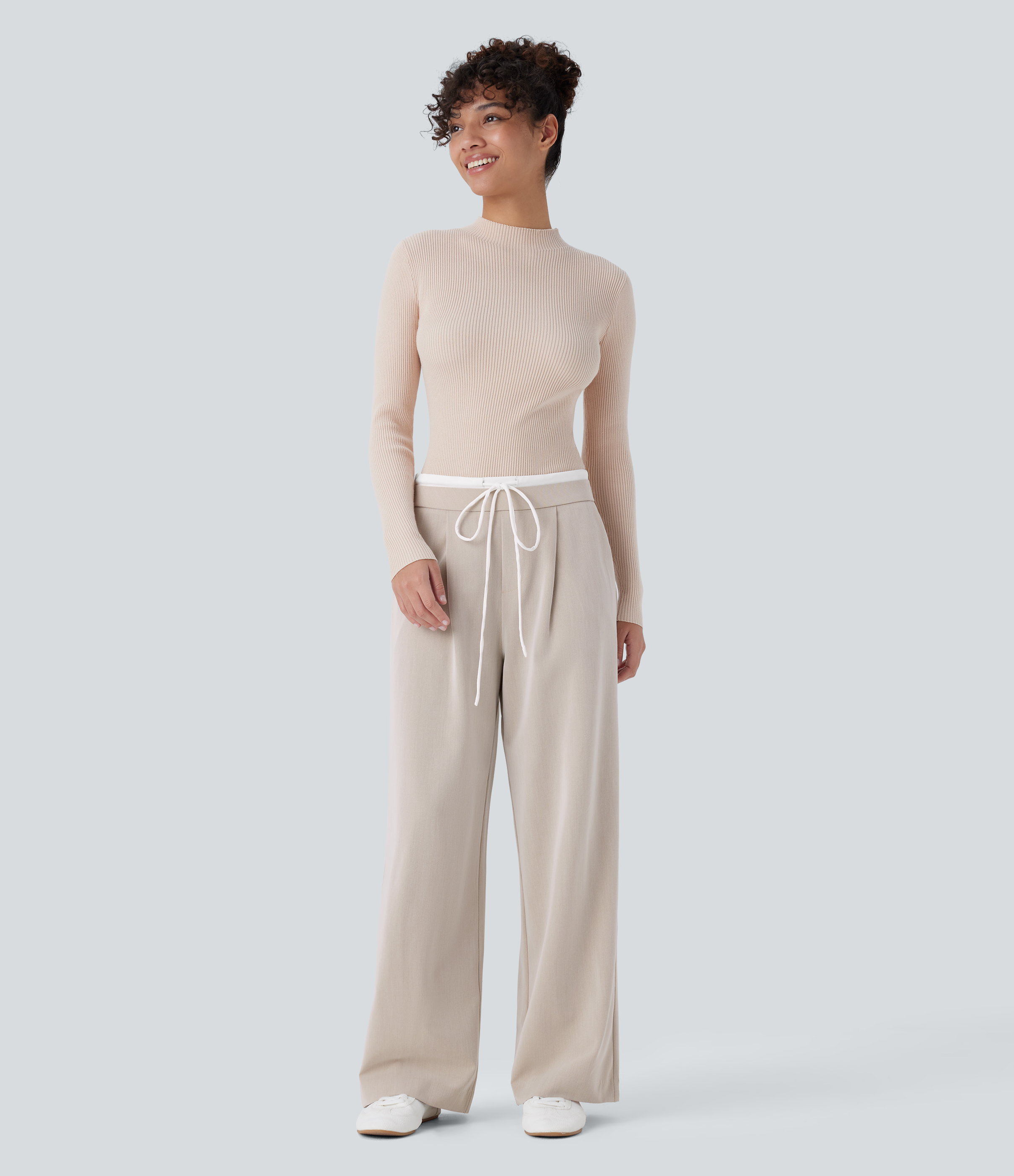 Halara Double-Layer Color Block Low Rise Drawstring Invisible Zipper Side Pocket Wide Leg Casual Pants  - Gray Morn - XL(regular) sweatpants 