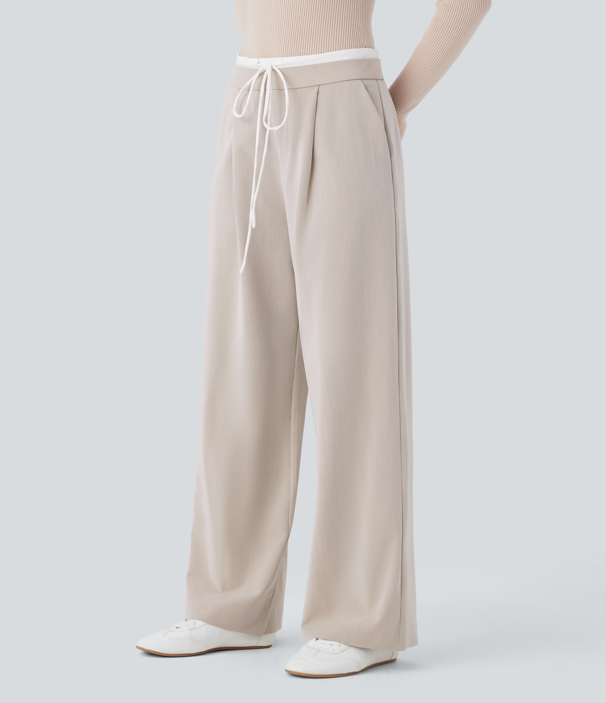 Halara Double-Layer Color Block Low Rise Drawstring Invisible Zipper Side Pocket Wide Leg Casual Pants  - Gray Morn - XL(regular) sweatpants 
