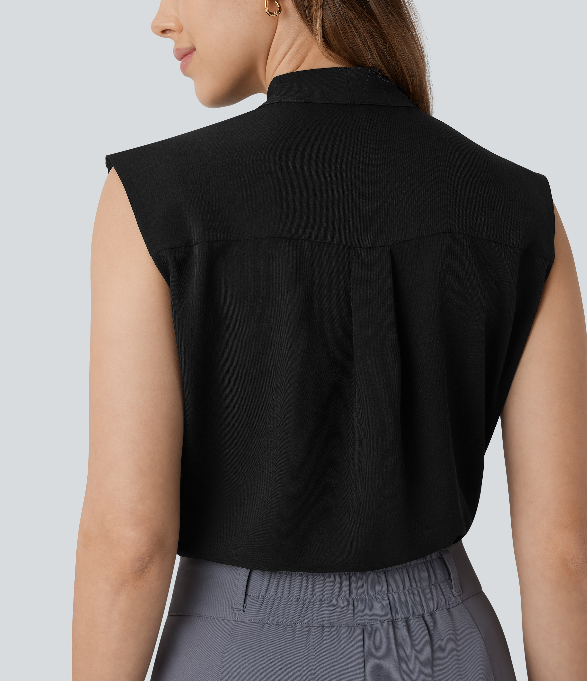 Halara V Neck Tie Front Sleeveless Work Shirt  - Black - XL 
