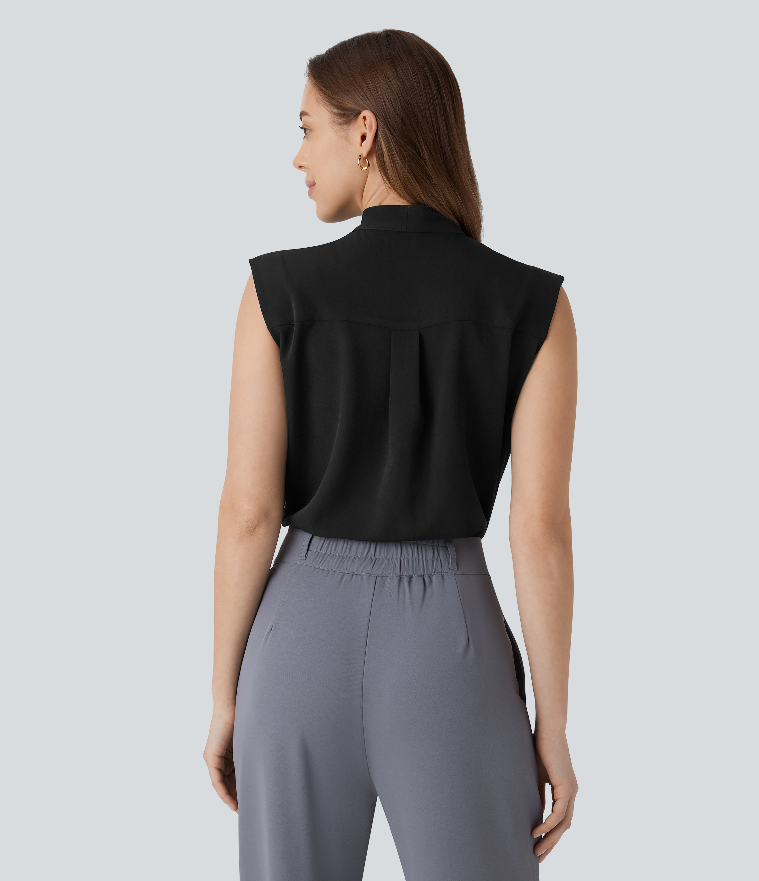 Halara V Neck Tie Front Sleeveless Work Shirt  - Black - XL 
