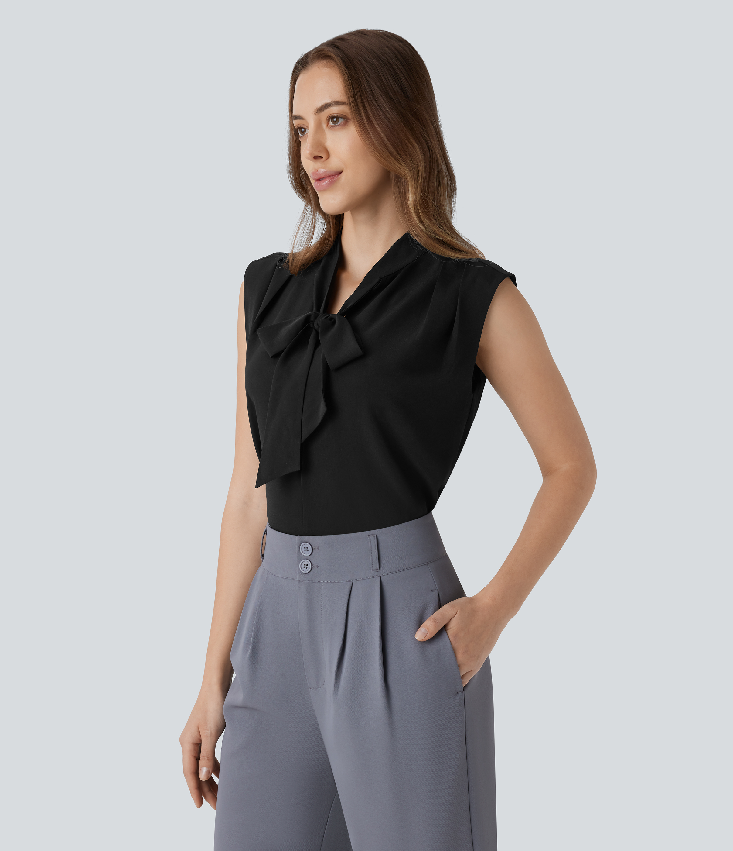 Halara V Neck Tie Front Sleeveless Work Shirt  - Black - XL 