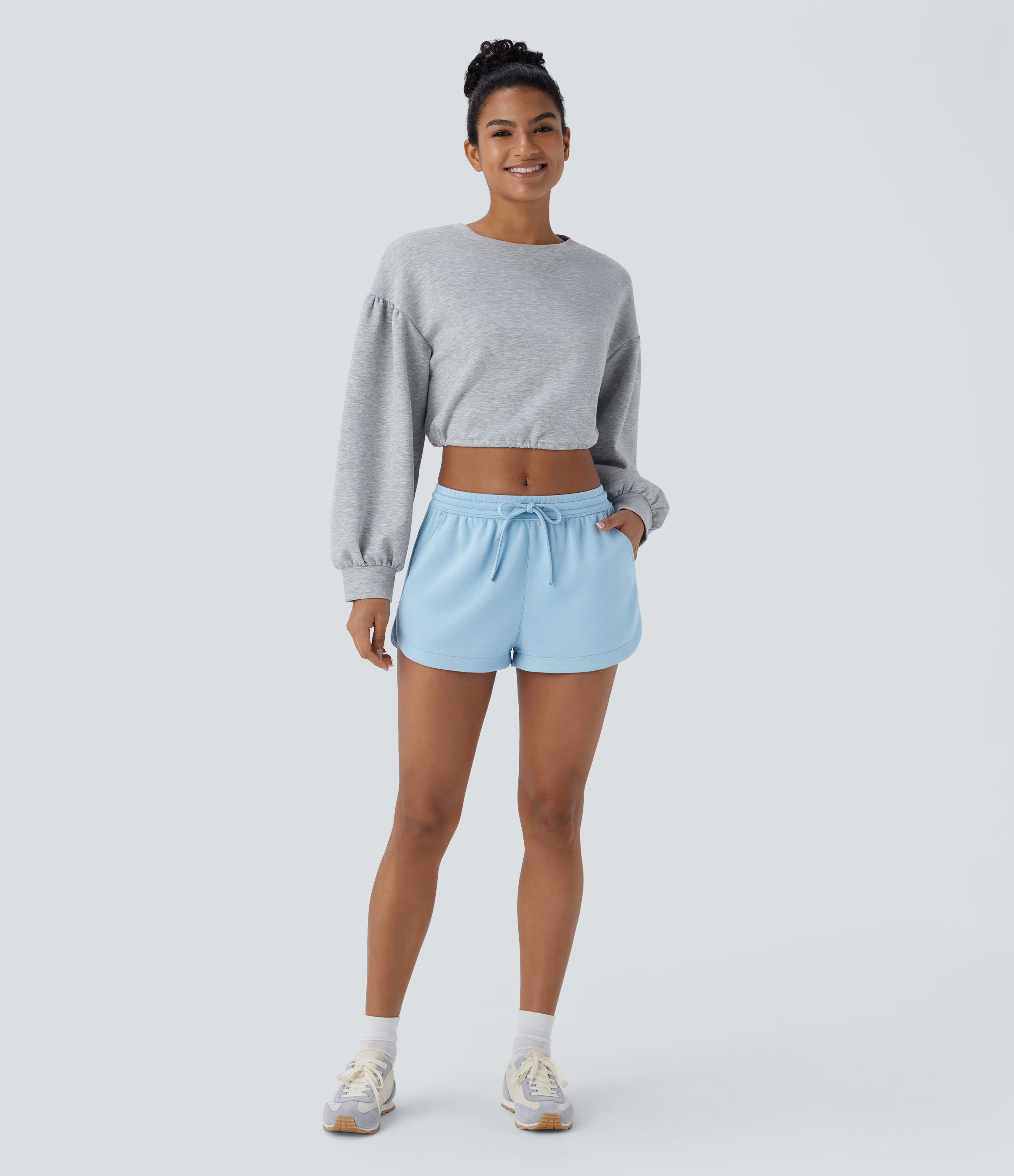 Halara Low Rise Drawstring Side Pocket Curved Hem Casual Shorts  - Light Foggy Blue - L booty shorts compression shorts yoga shorts 