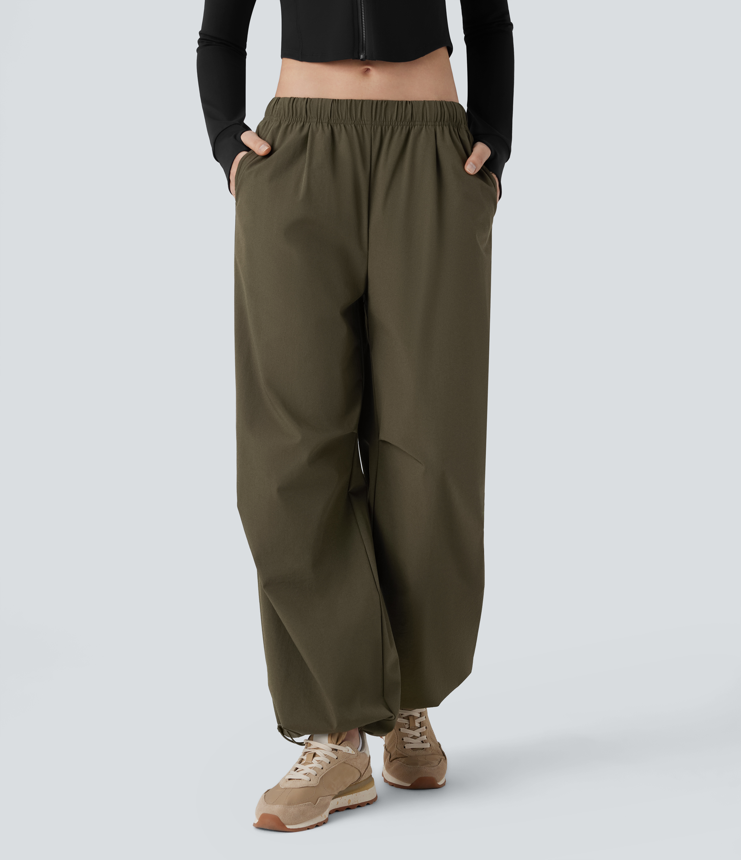 Halara Low Rise Drawstring Side Pocket Adjustable Hem Baggy Wide Leg Workout Pants  - Twilight Green - XS(regular) 