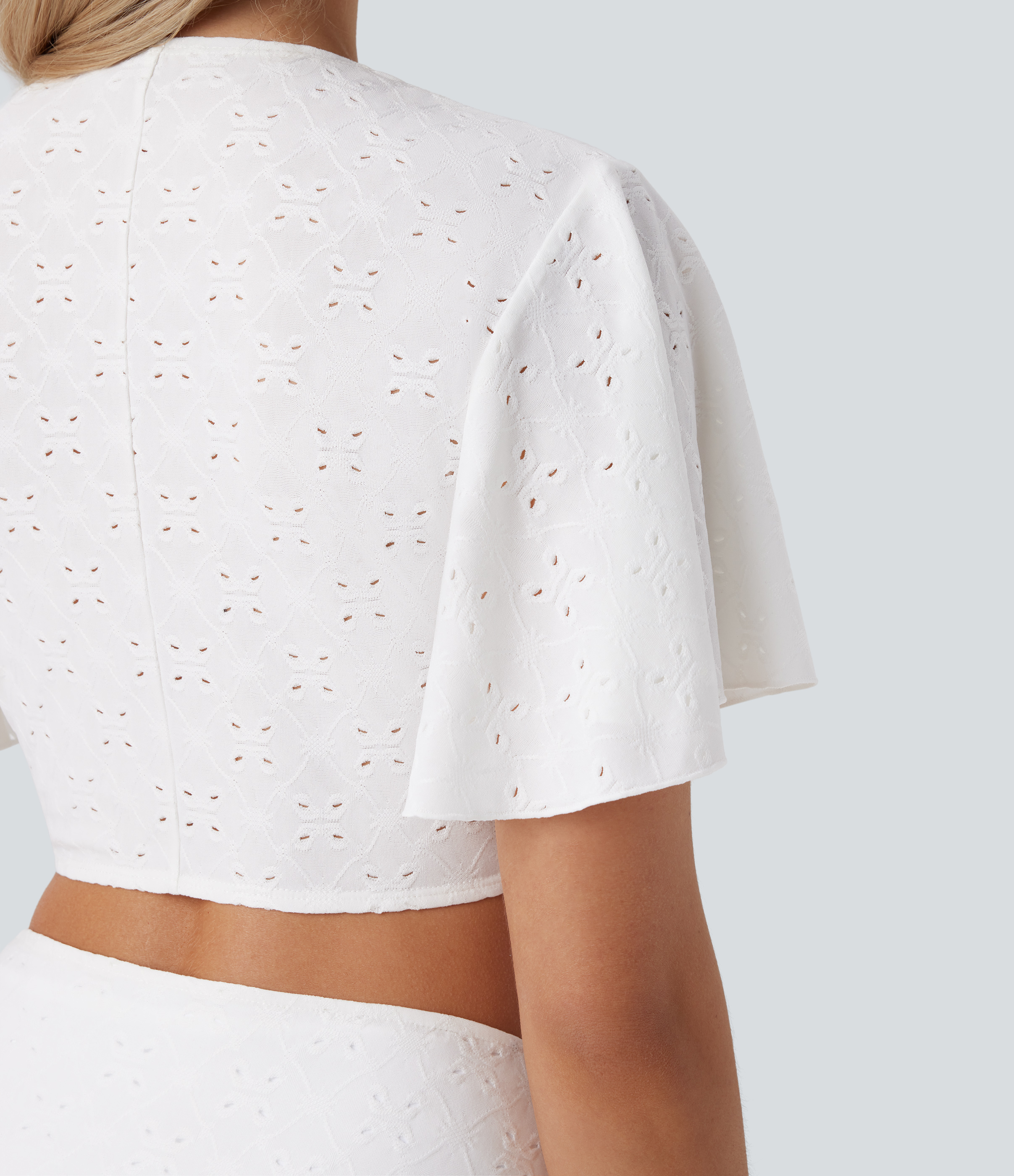 Halara V Neck Tie Front Short Sleeve Eyelet Embroidery Cropped Resort Top Tank Top - White - XS golf tops halter top tunic tops 