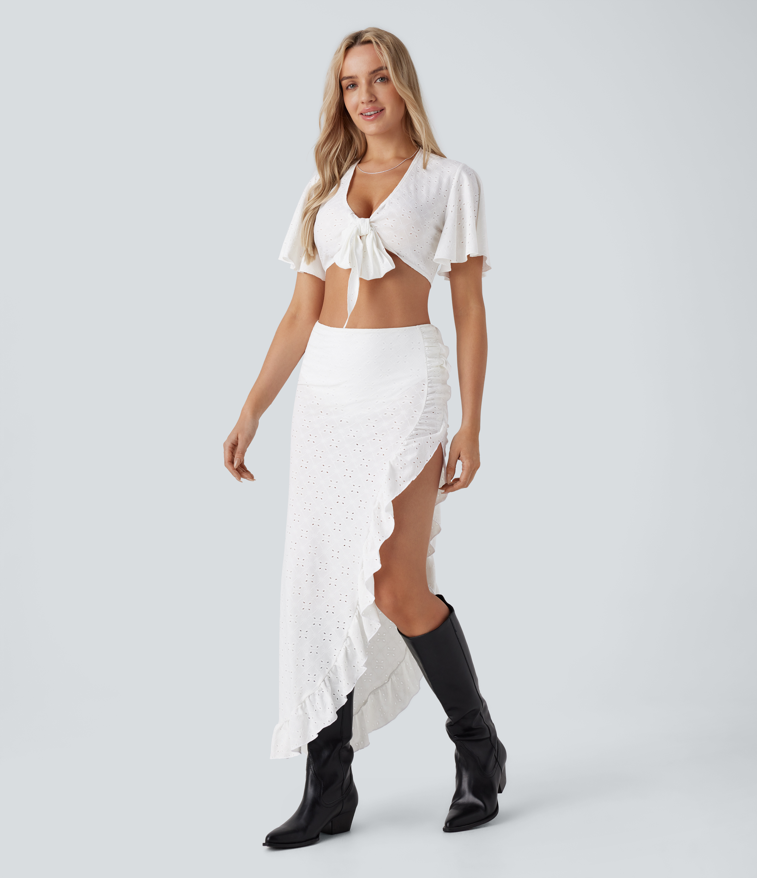 Halara V Neck Tie Front Short Sleeve Eyelet Embroidery Cropped Resort Top Tank Top - White - XS golf tops halter top tunic tops 