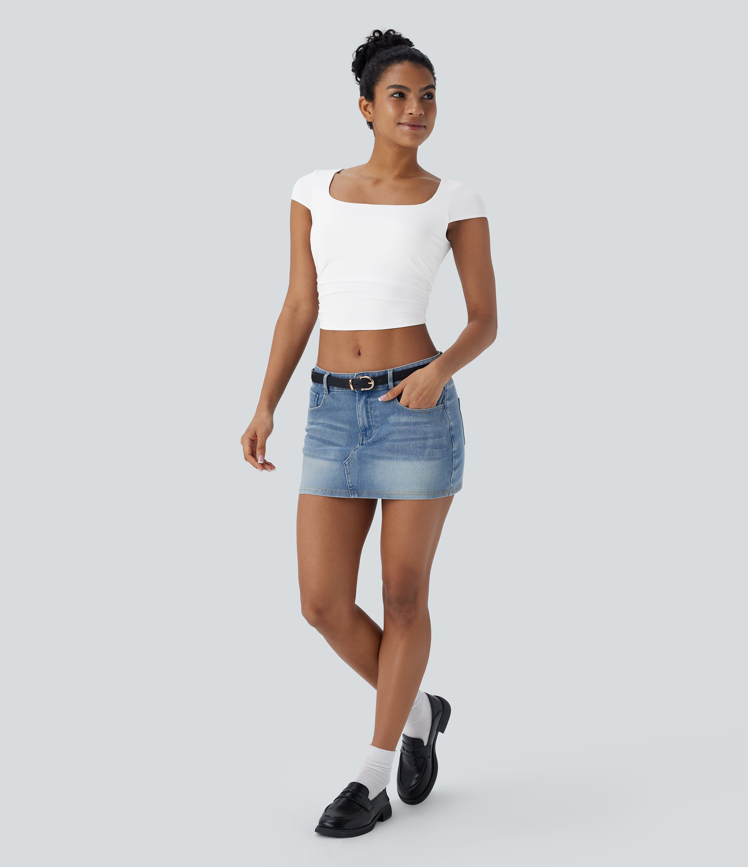 Halara Square Neck Cap Sleeve Ruched Skinny Cropped Casual Baby Tee Tank Top - White - XL golf tops halter top tunic tops sleeveless tops 