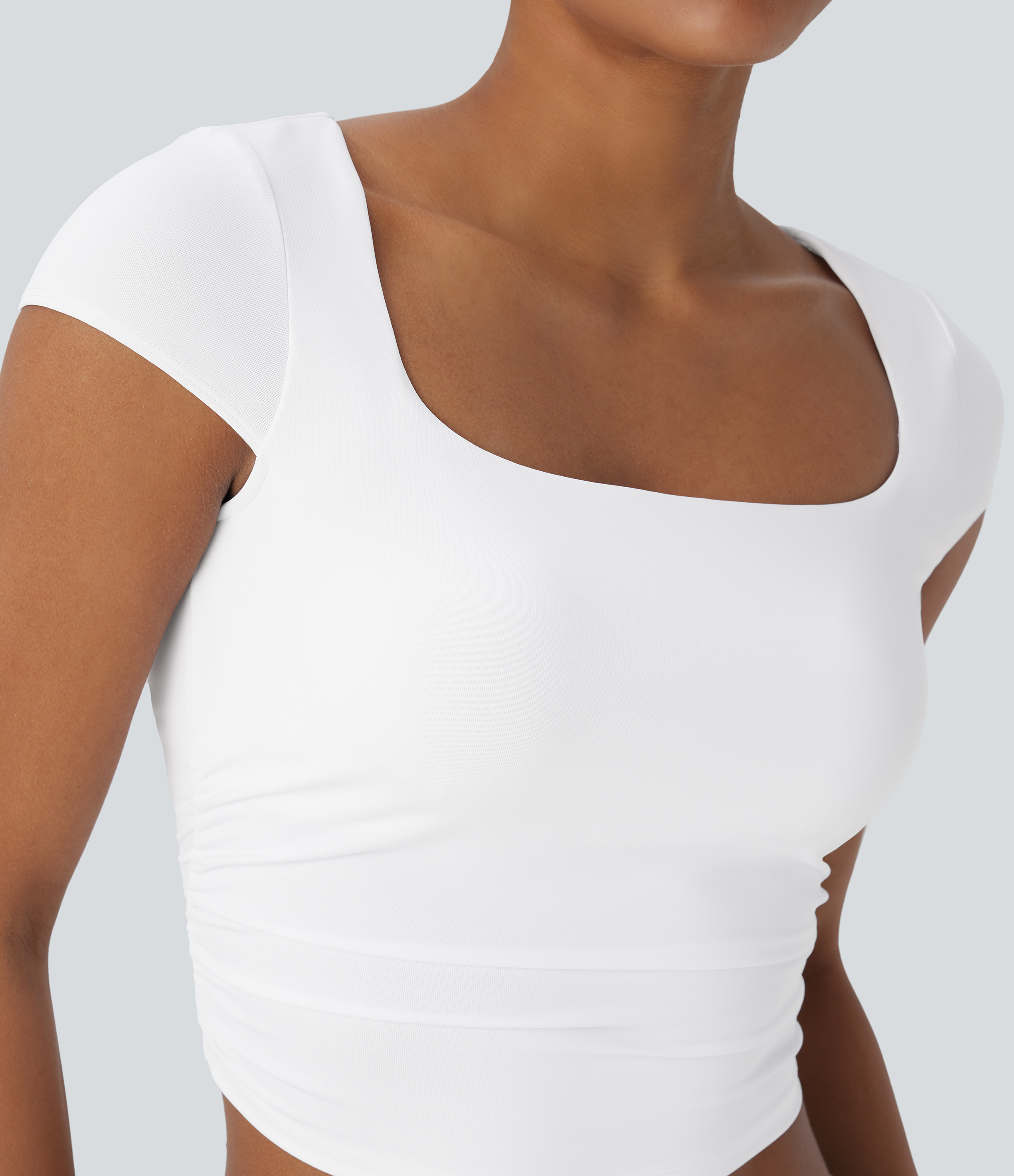 Halara Square Neck Cap Sleeve Ruched Skinny Cropped Casual Baby Tee Tank Top - White - XL golf tops halter top tunic tops sleeveless tops 