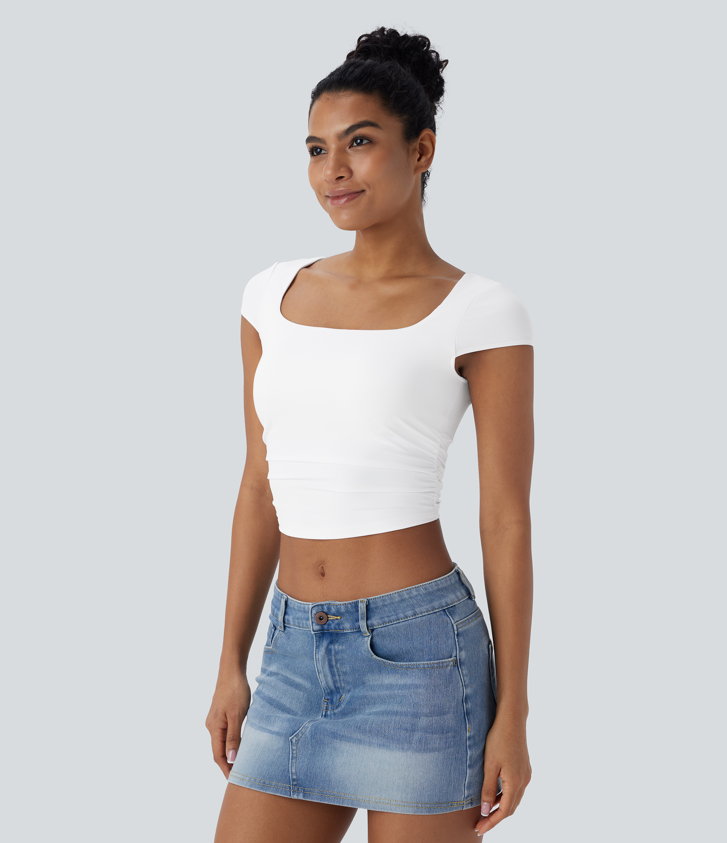 Halara Square Neck Cap Sleeve Ruched Skinny Cropped Casual Baby Tee Tank Top - White - XL golf tops halter top tunic tops sleeveless tops 