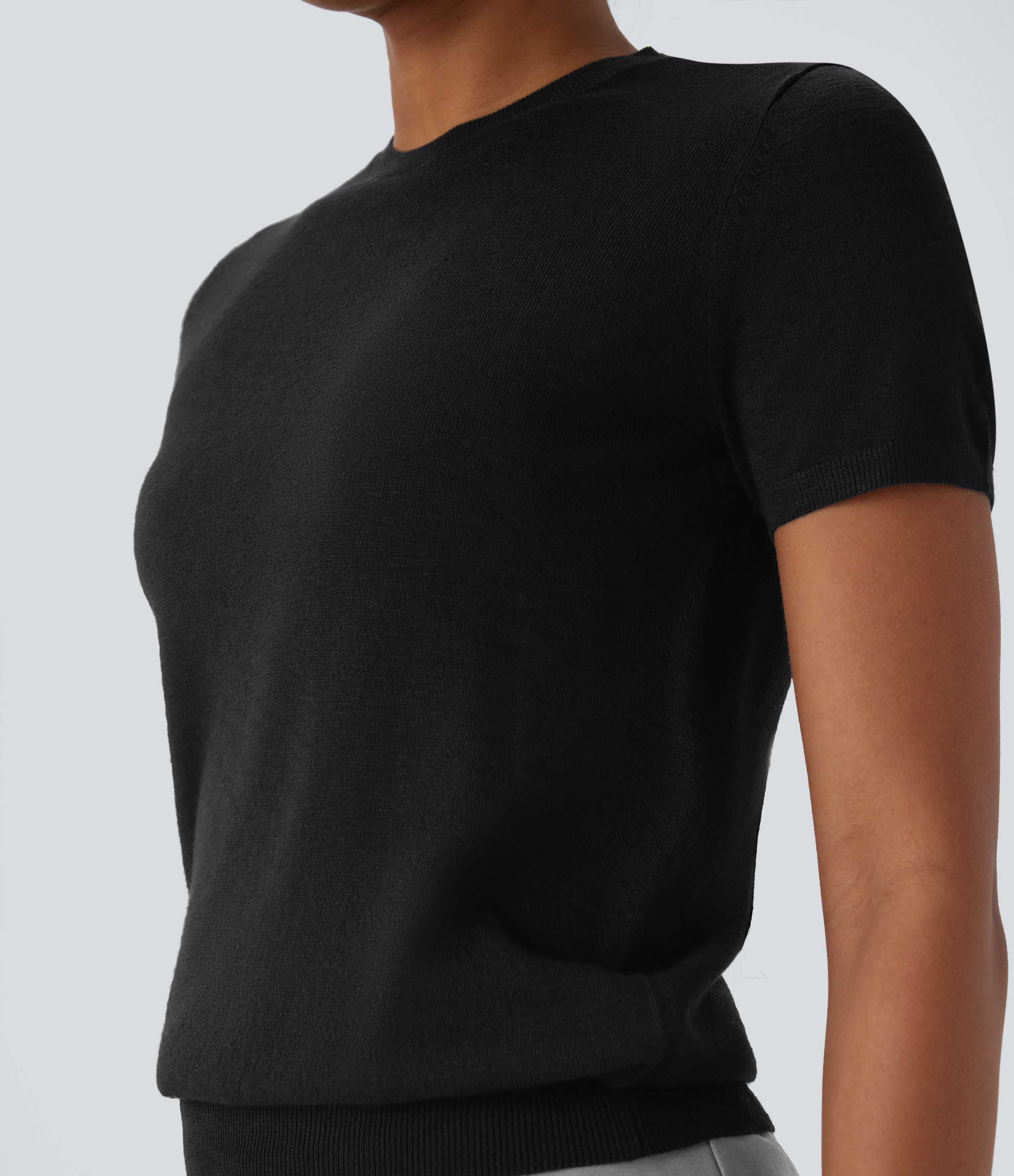 Halara Round Neck Short Sleeve Basic Casual Sweater  - Black - M 