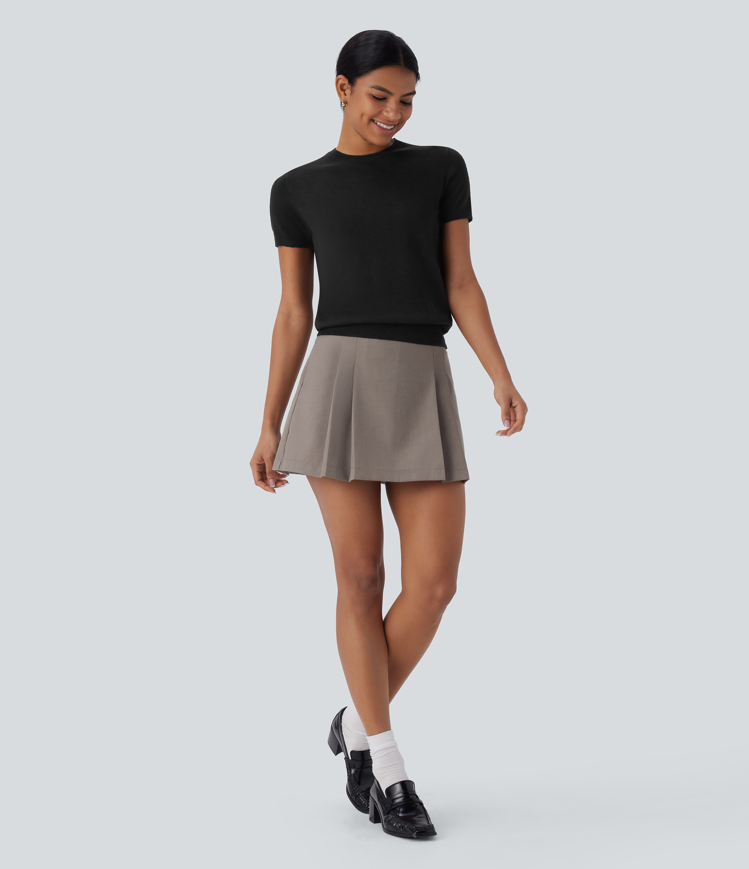 Halara Round Neck Short Sleeve Basic Casual Sweater  - Black - M 